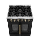 Forno Galiano 30-Inch French Door Gas Range with 5 Burners and 4.32 Cu.Ft. Convection Oven in Black with Antique Brass Trim (FFSGS6444-30BLK)