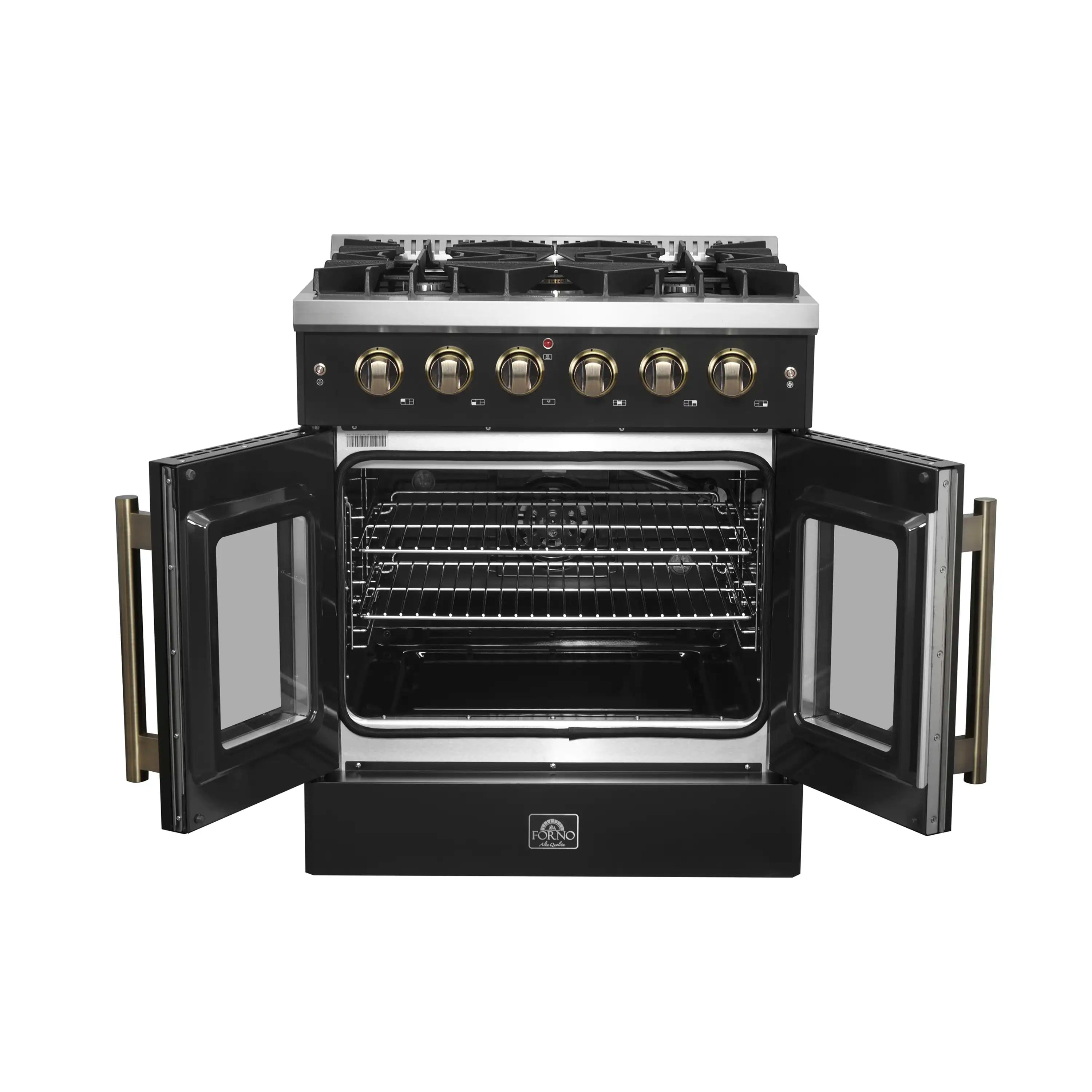 Black gas convection range, both French doors open, oven interior and racks, brass-trim pulls.