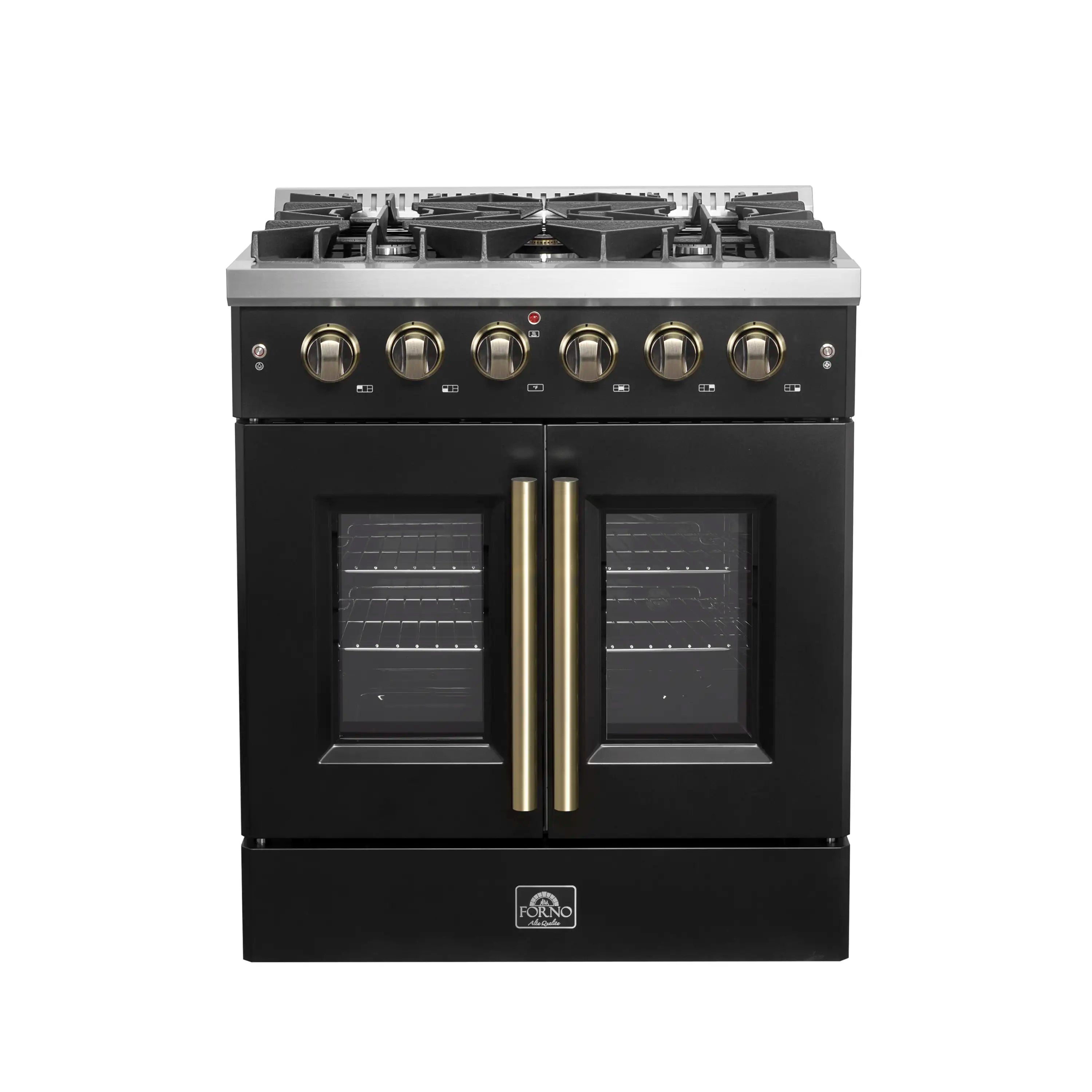 Black gas range with five burners and brass knobs, French oven doors closed