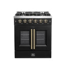 Forno 5-Piece Appliance Package - 30-inch Gas Range, Hood, Refrigerator, Dishwasher and 24-Inch Microwave Drawer in Black