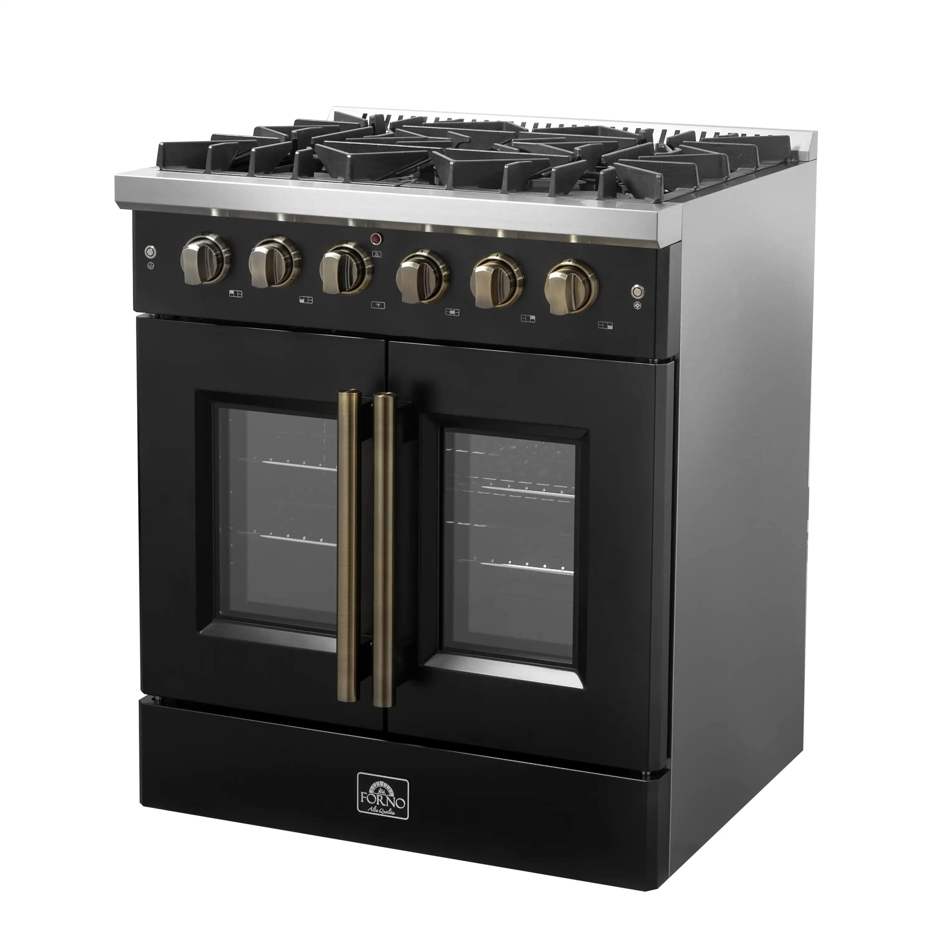 Black French door gas range with closed oven doors, brass handles and control knobs.
