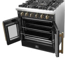 Forno Galiano 30-Inch French Door Gas Range with 5 Burners and 4.32 Cu.Ft. Convection Oven in Black with Antique Brass Trim (FFSGS6444-30BLK)