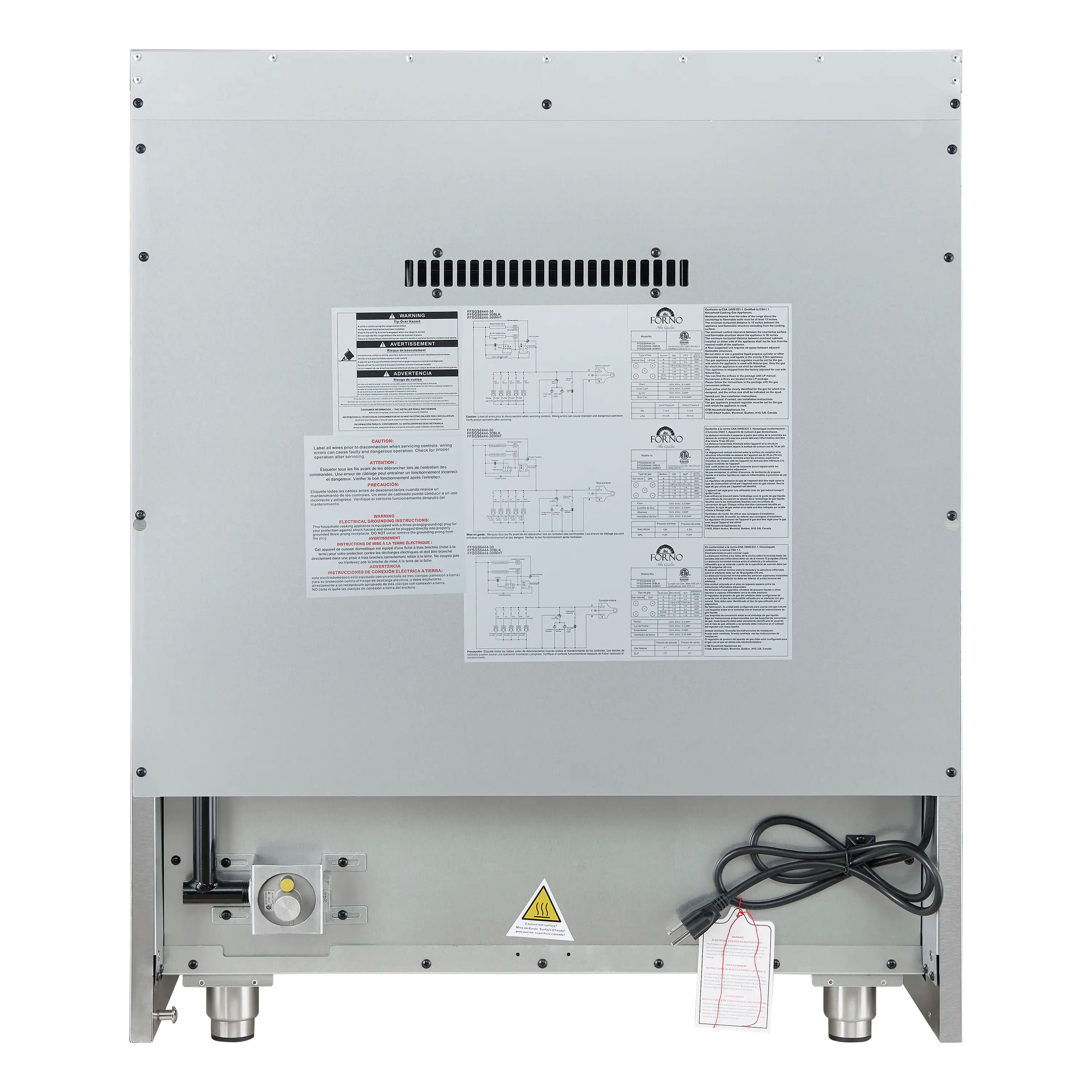 Gas range rear panel with wiring, labels, and vented bracket hardware