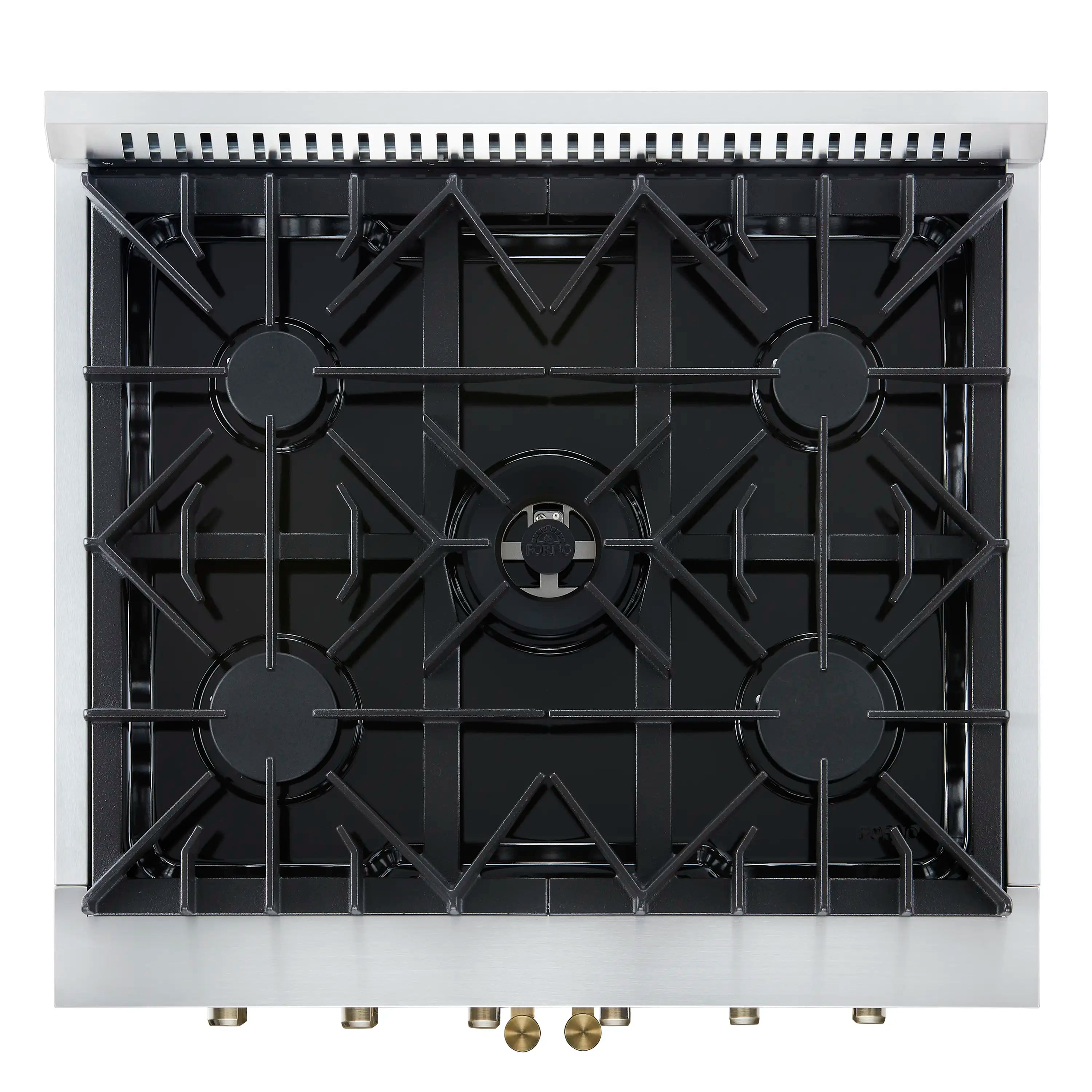White French door gas range cooktop with black grates and burner layout