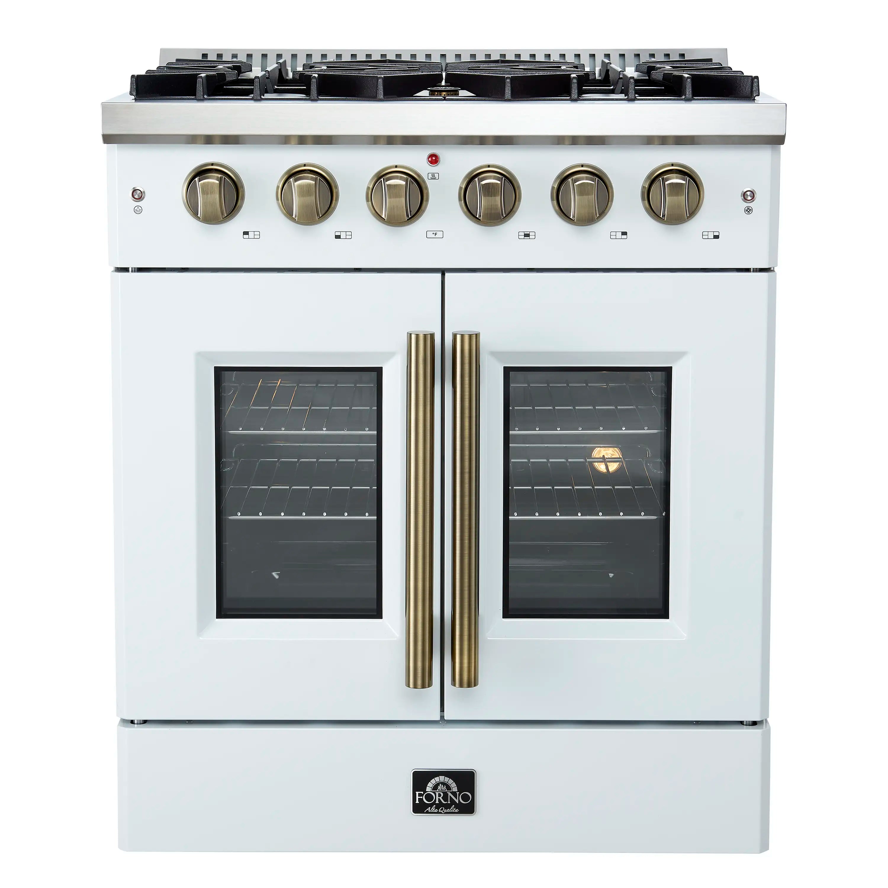 White gas range front view with two oven doors, window panels, and six brass control knobs