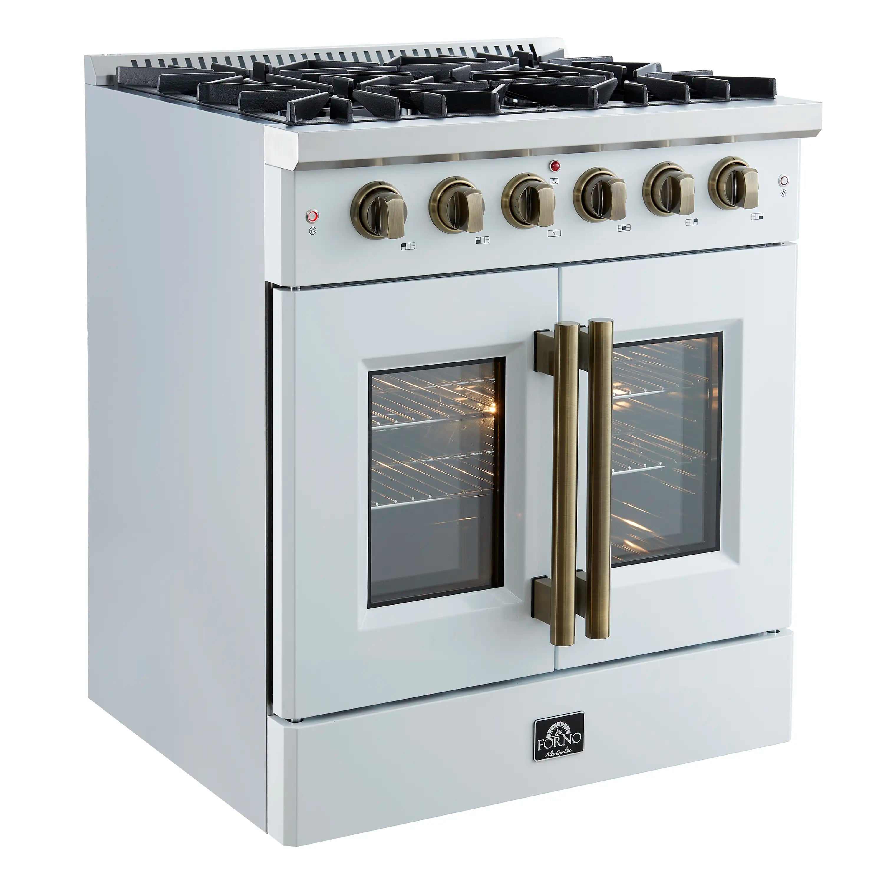 White gas range with French doors ajar showing convection oven lights and interior shelves