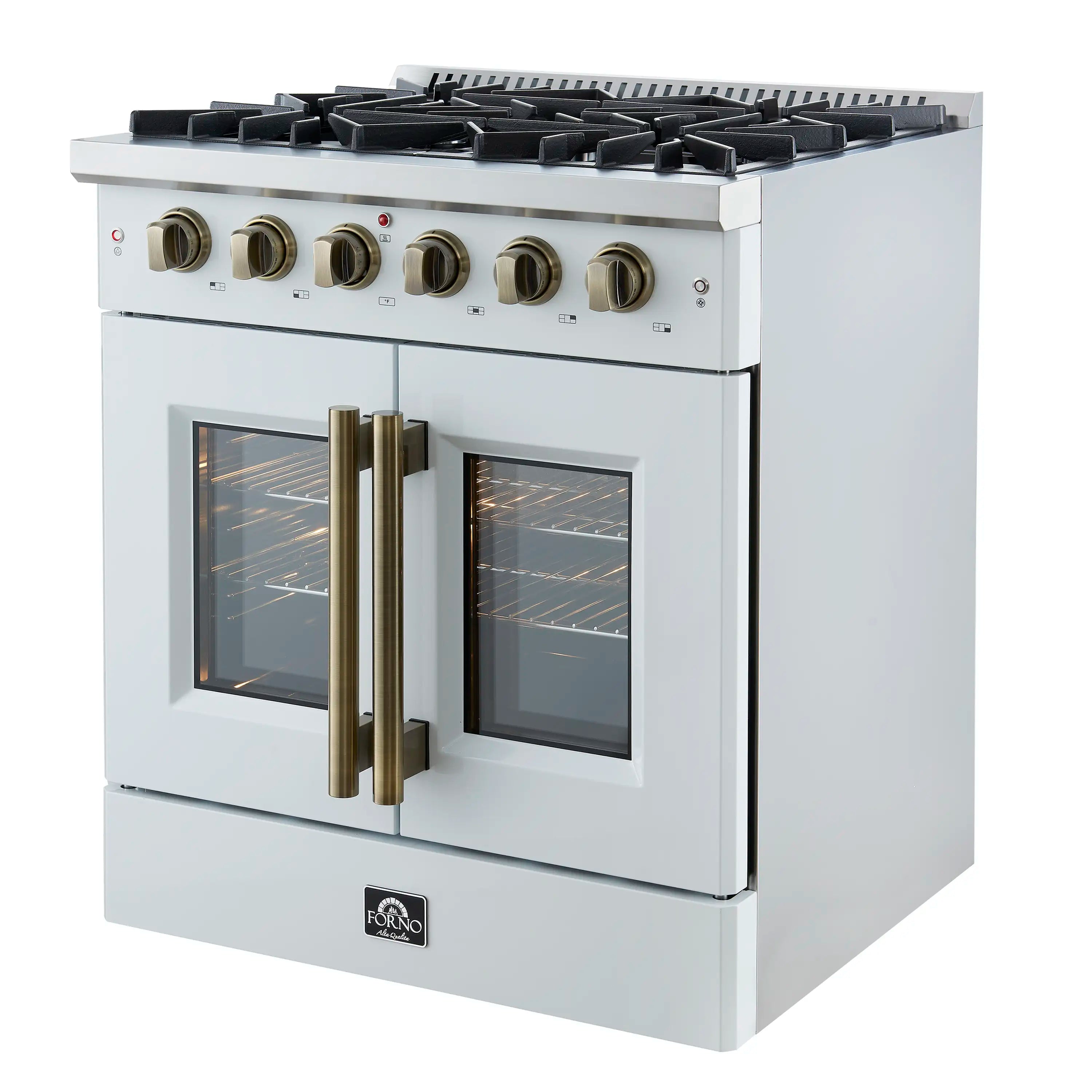 White French door gas range with two oven windows and tall antique brass side handles