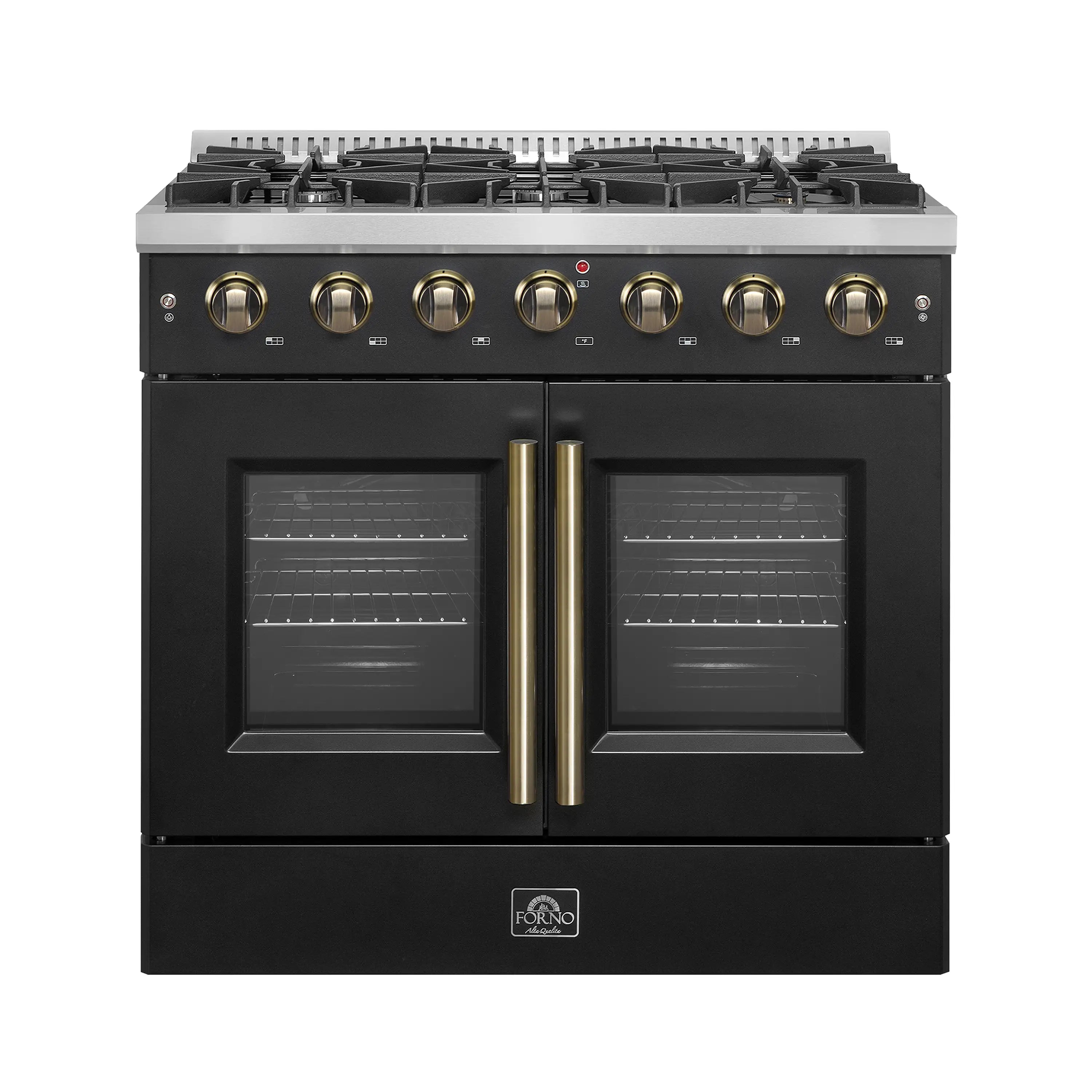 Black French door gas range with two glass oven doors and brass center handles