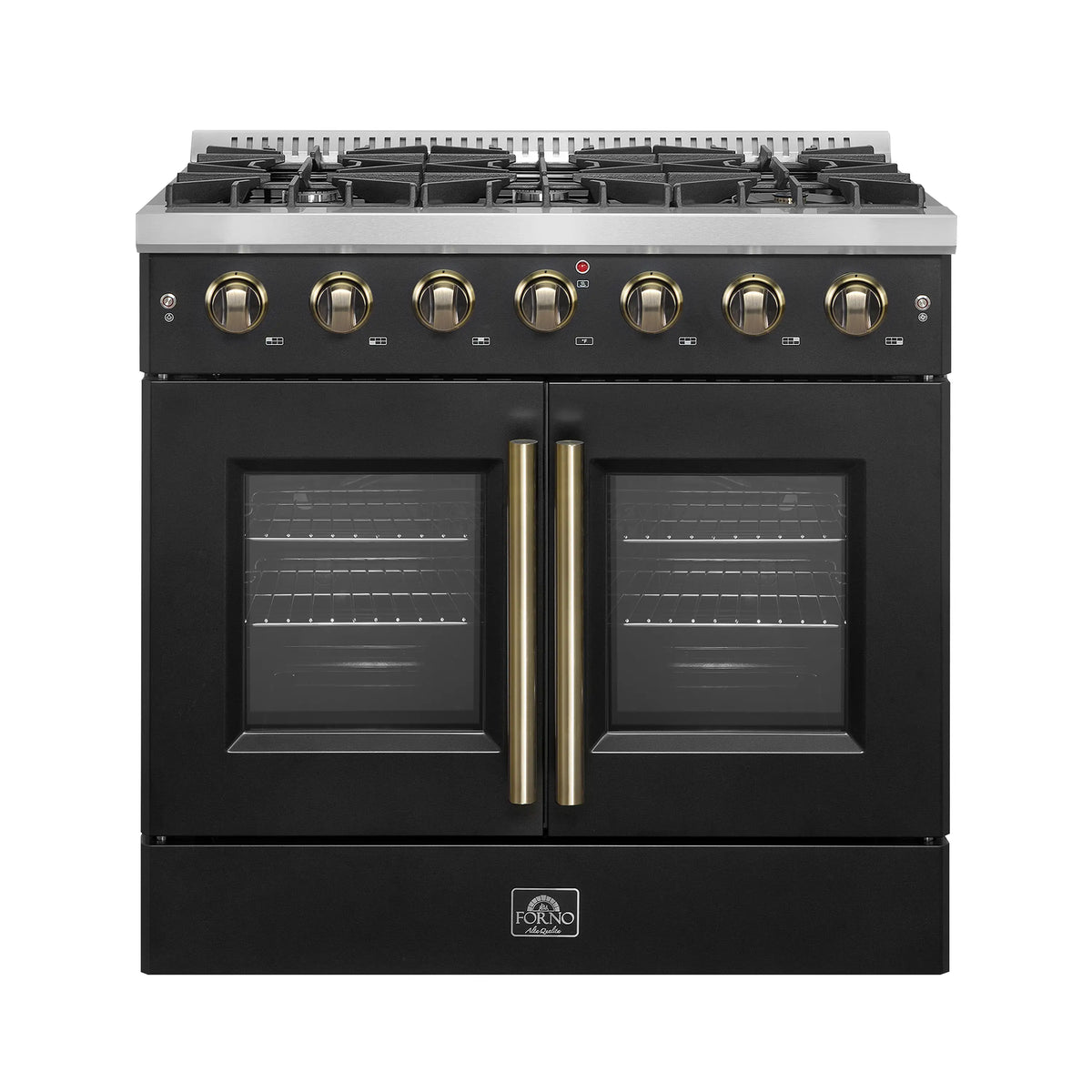 Forno Galiano 36-Inch French Door Gas Range with 6 Burners and 5.36 Cu.Ft. Convection Oven in Black with Antique Brass Trim (FFSGS6444-36BLK)