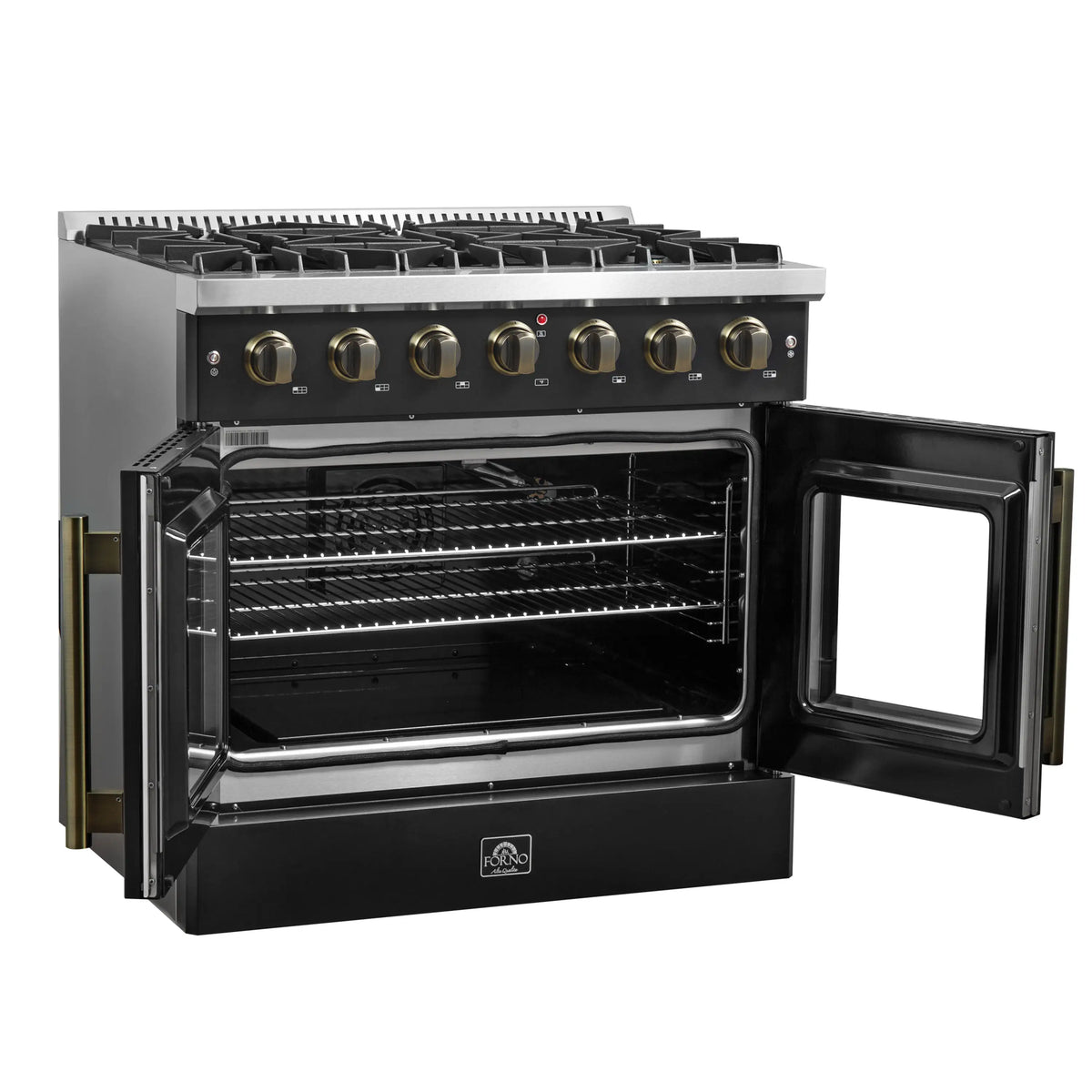 Black gas range oven open with rack and side door panel