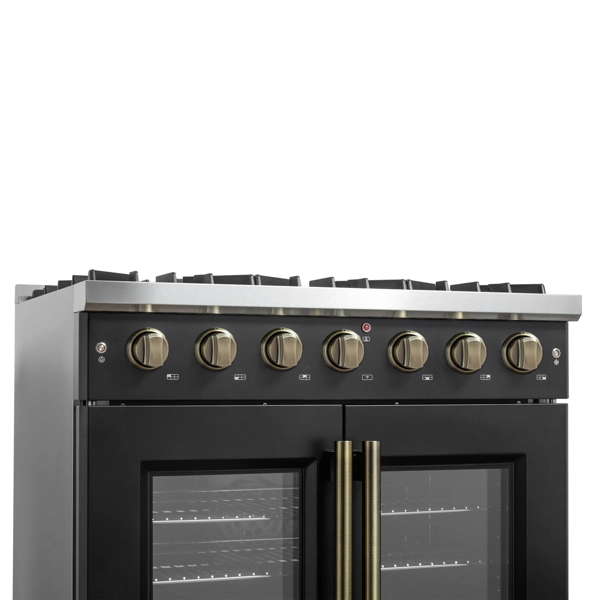 Black gas range control panel with seven brass knob handles and indicator lights