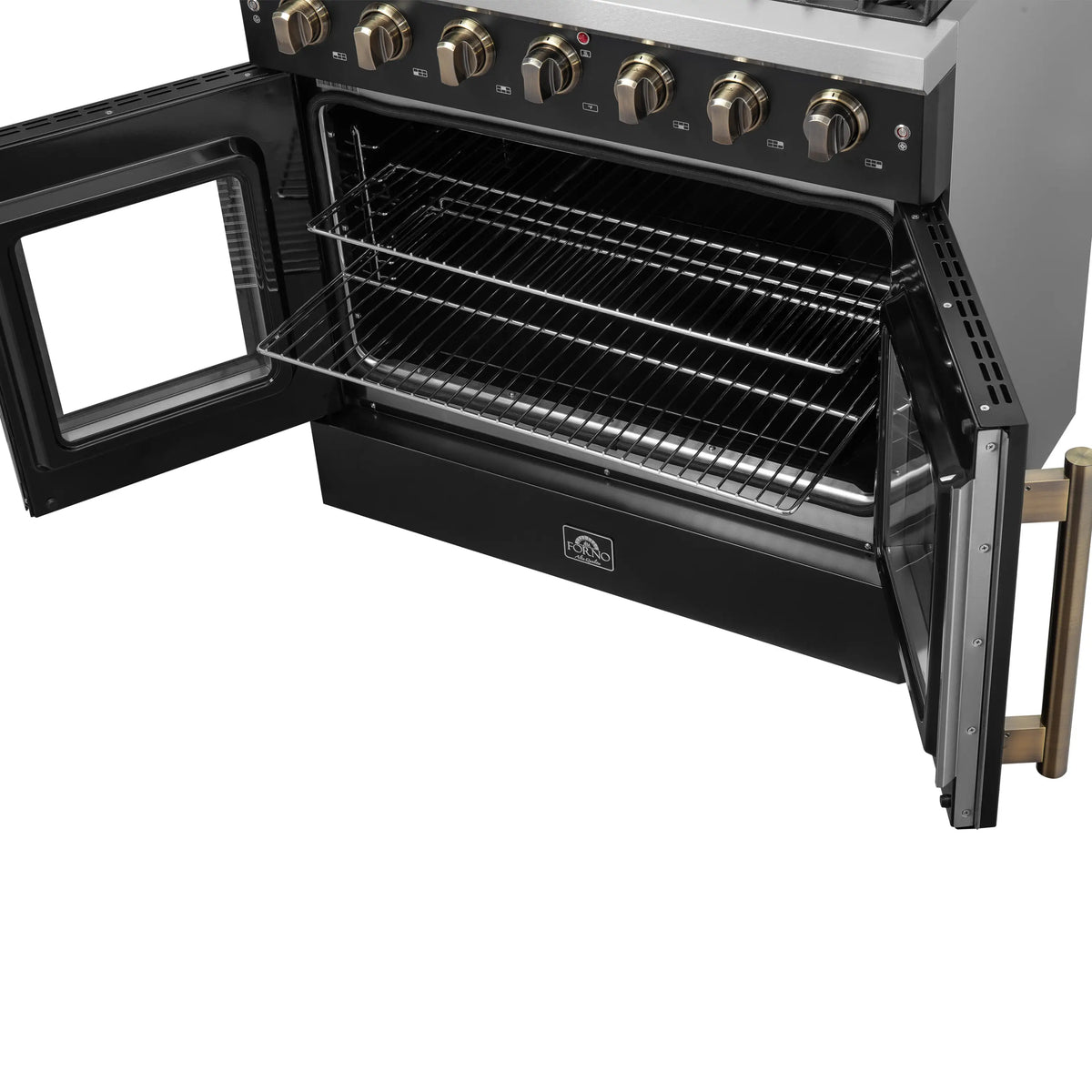 Open black convection oven with wire rack and two-tier interior shelves