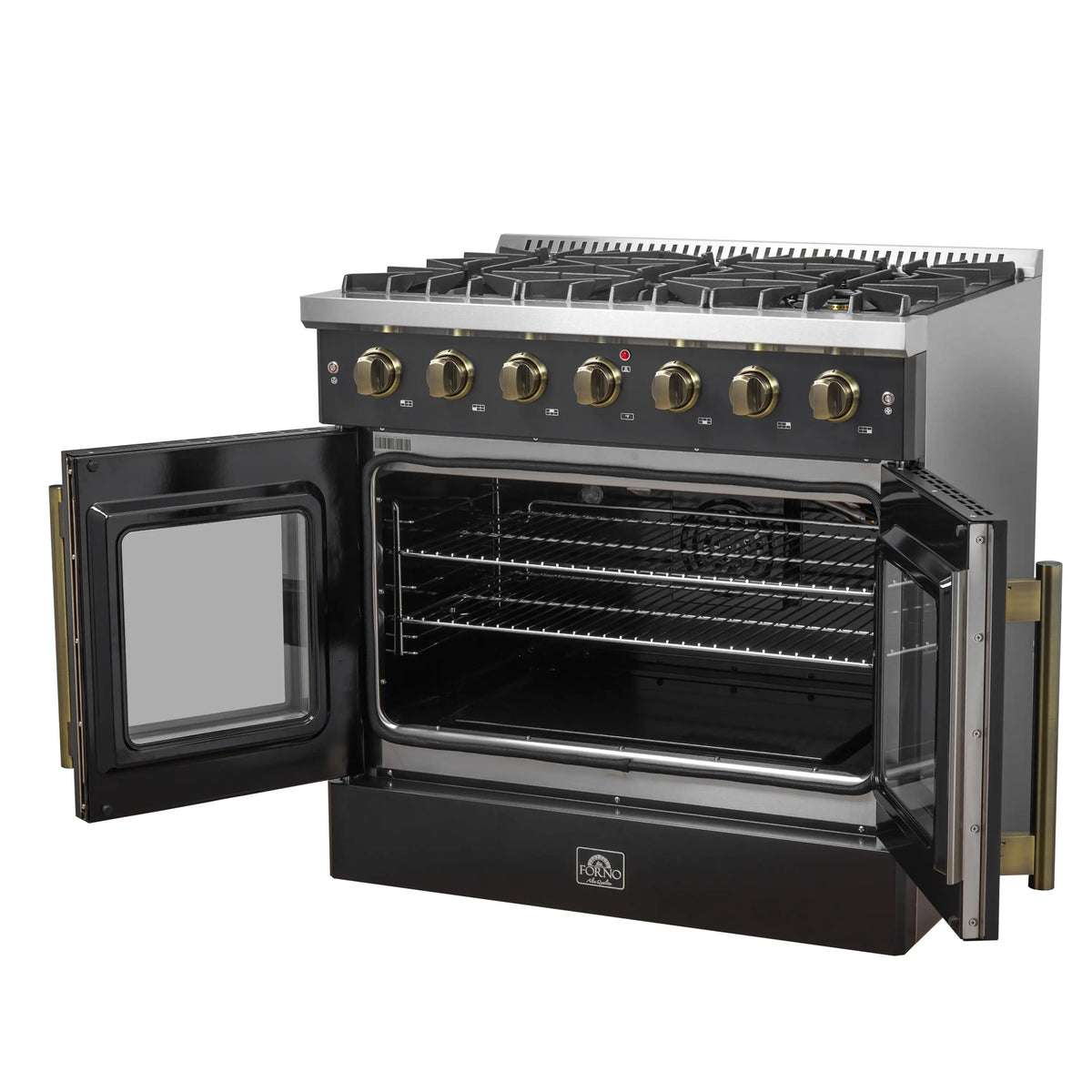 Gas range with both oven doors open, visible racks and empty baking cavity