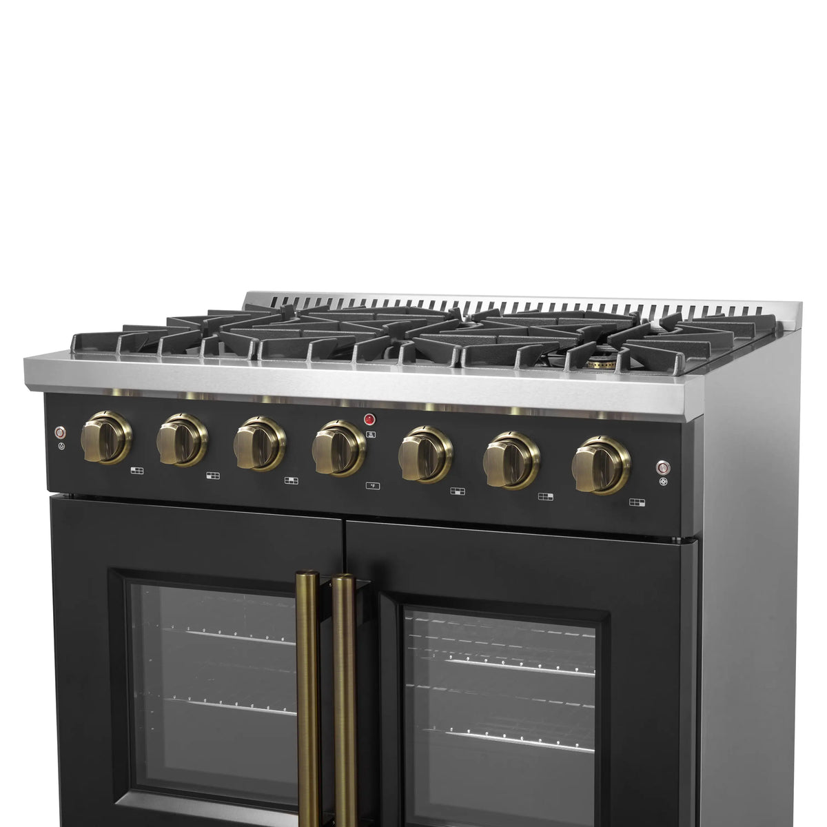 Black gas range with multiple burners and gold knobs, plus oven doors with windows