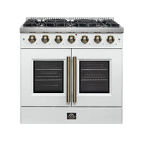 Forno Galiano 36-Inch French Door Gas Range with 6 Burners and 5.36 Cu.Ft. Convection Oven in White with Antique Brass Trim (FFSGS6444-36WHT)