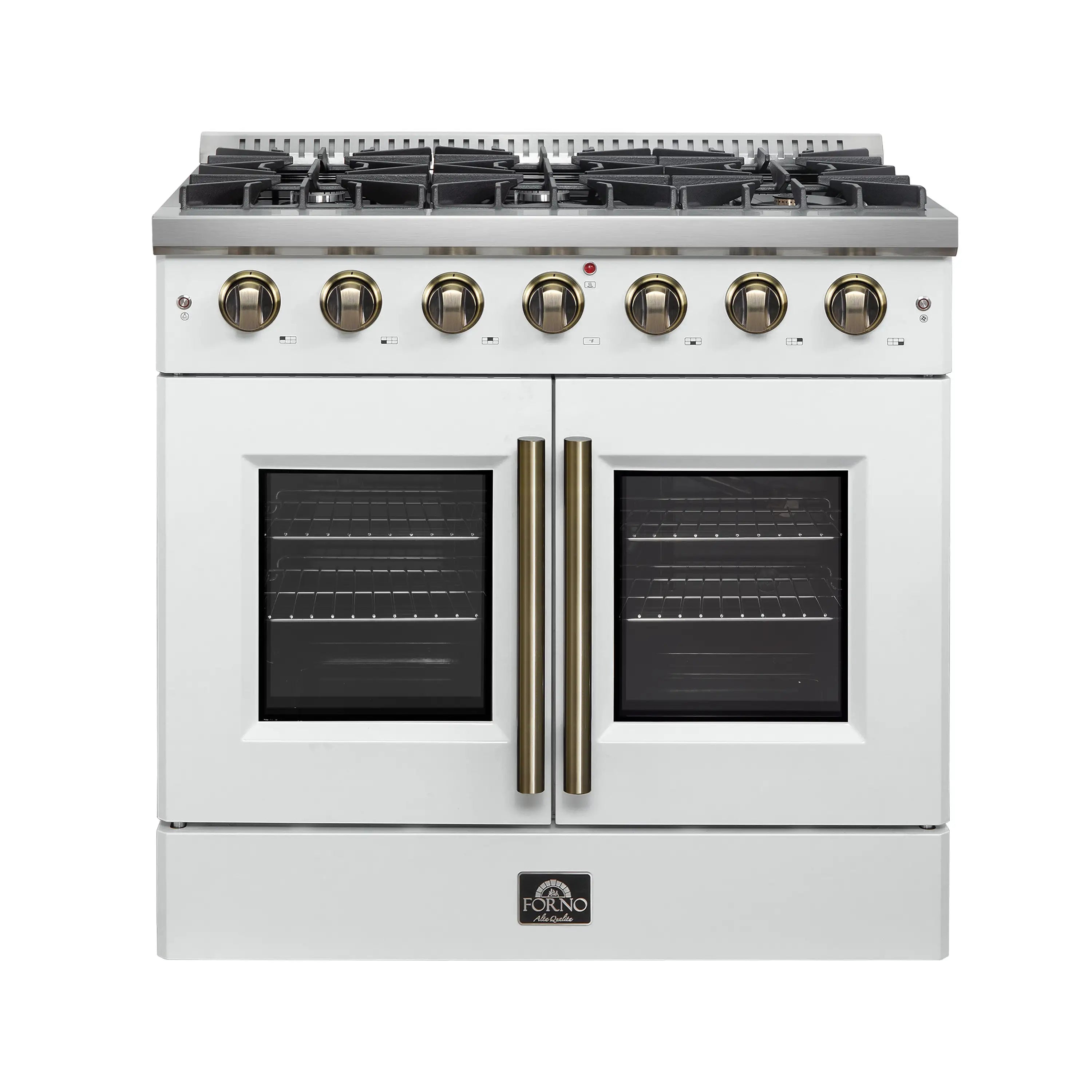White French door gas range with brass trim, 8 knobs, and two oven windows.