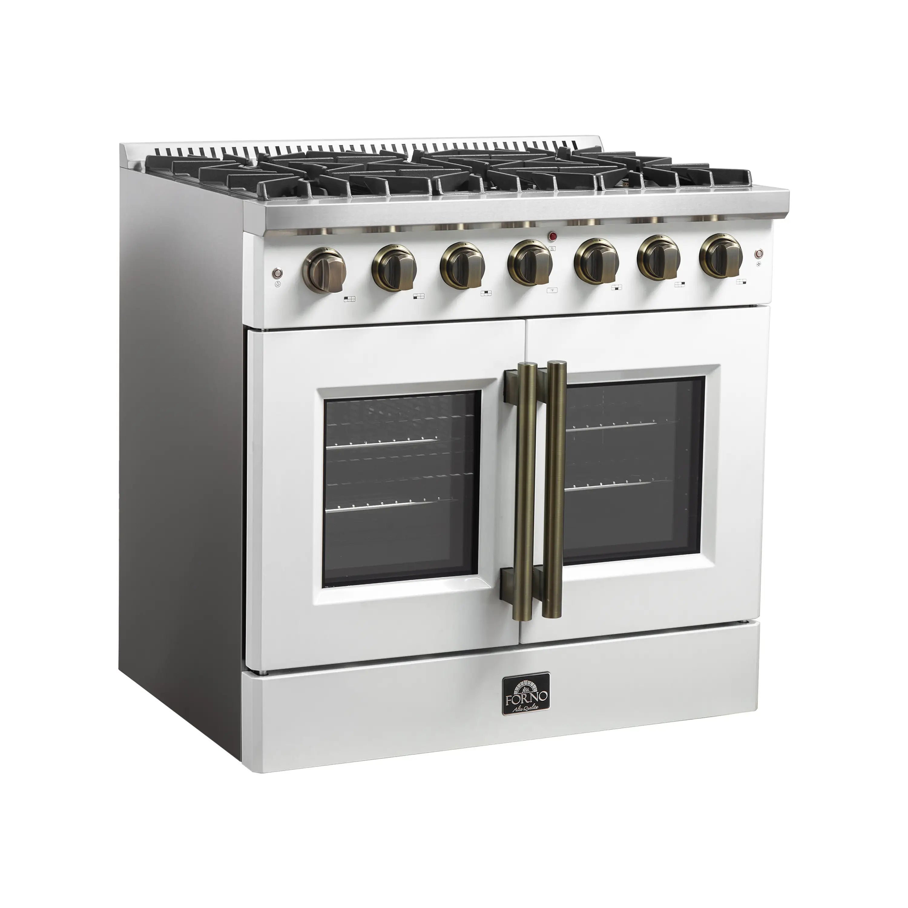 White gas range with brass handles, dual oven windows, and black cooktop grates.