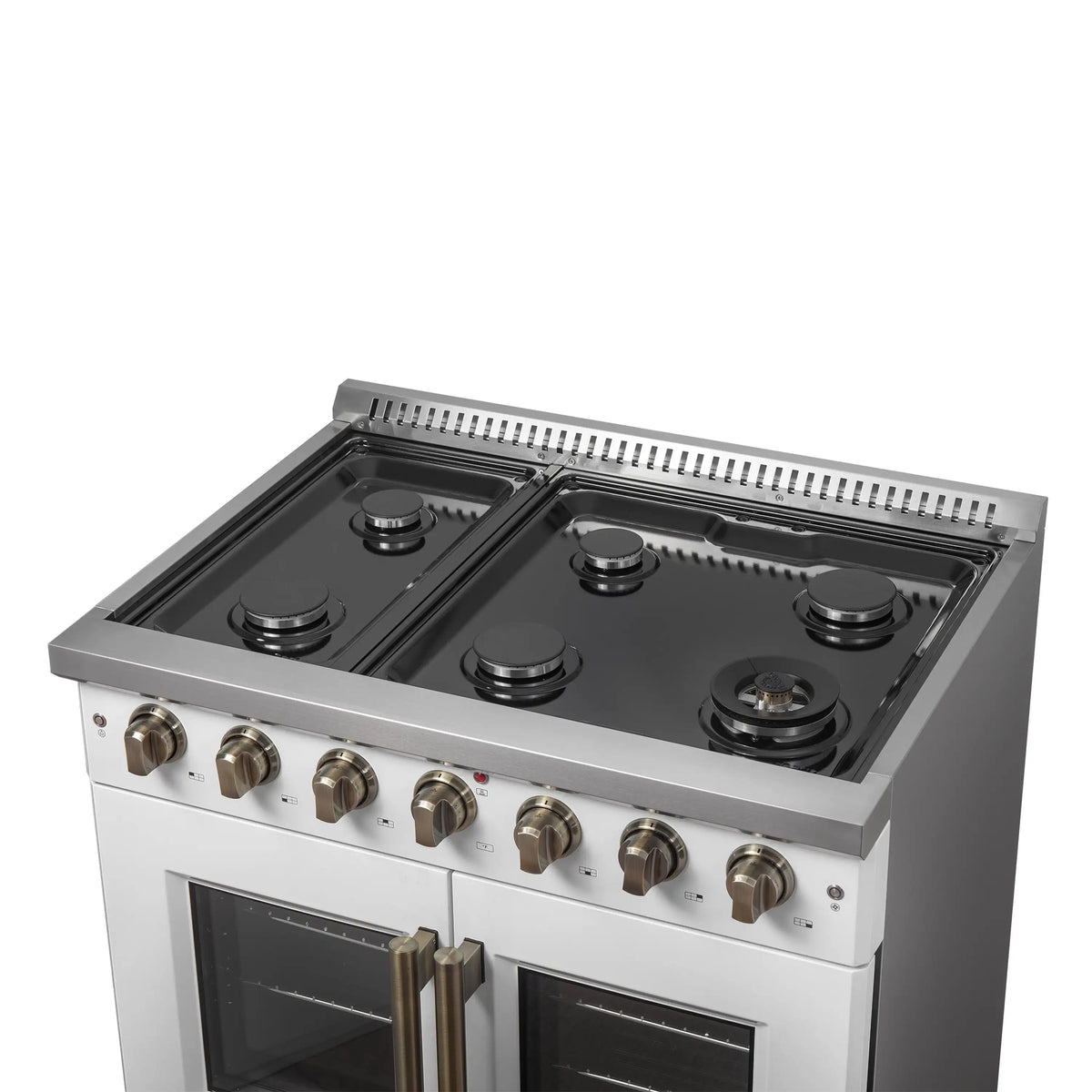 White gas range cooktop with five burners and brass-colored knob controls