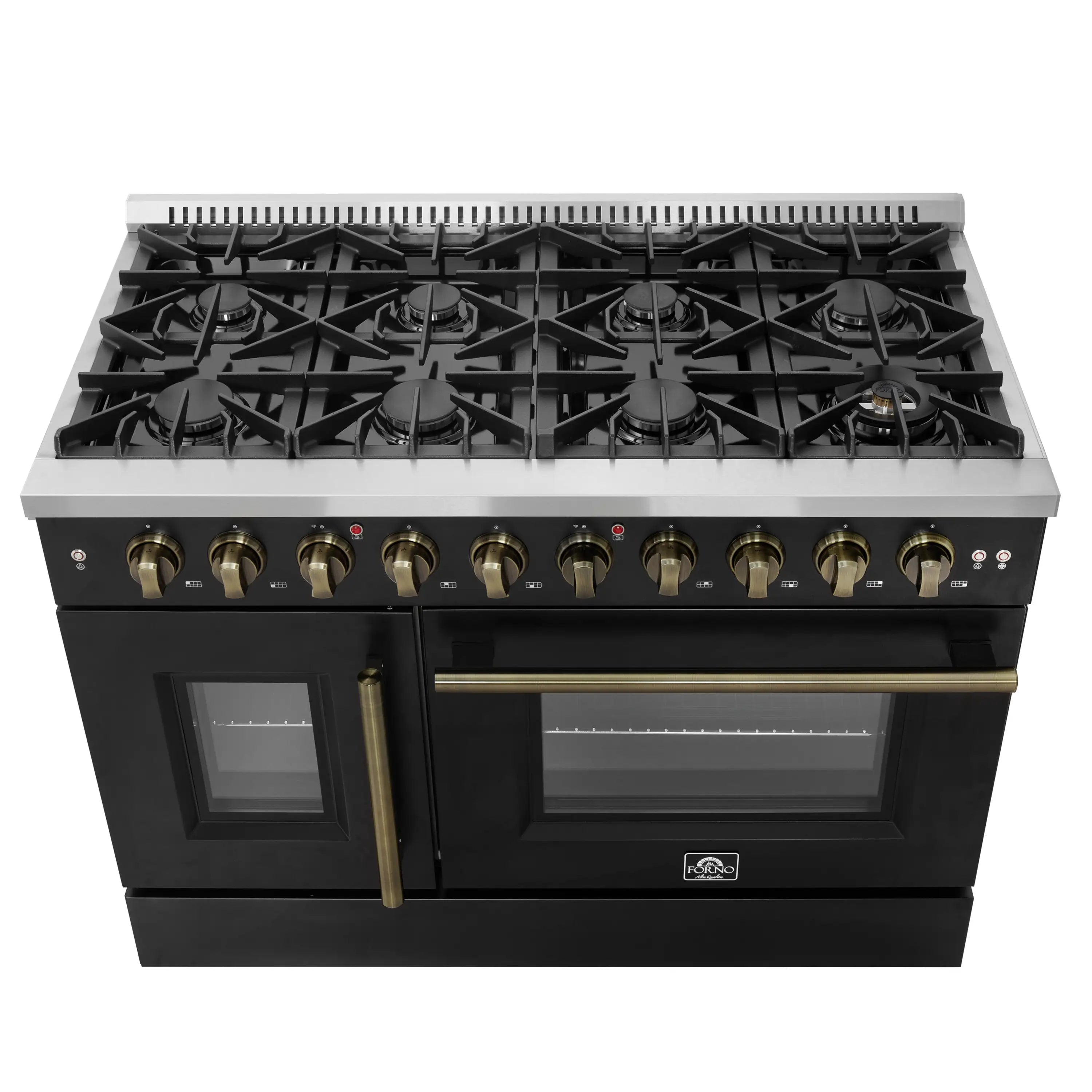 Black 48-inch French door gas range with eight burners and brass trim controls