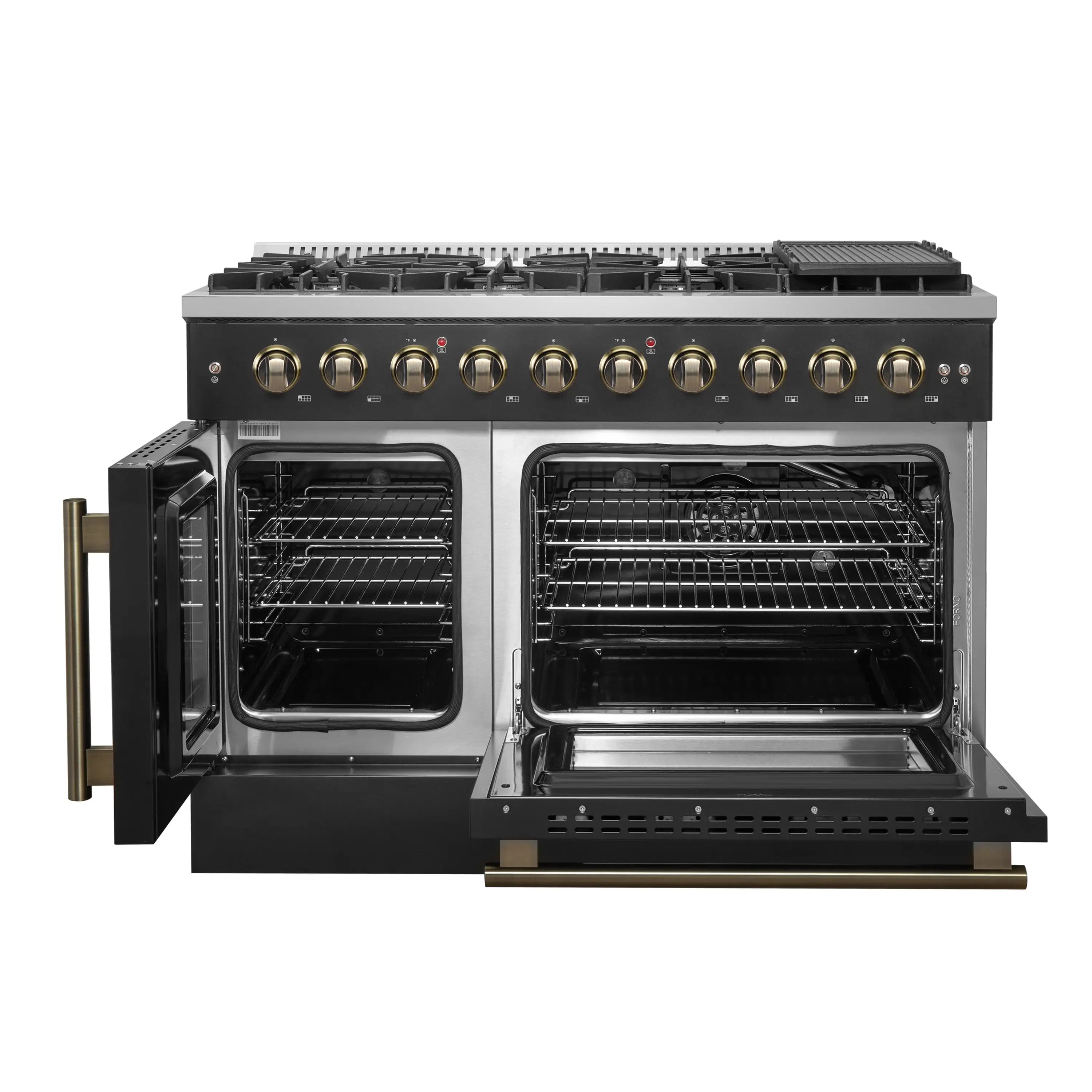 Two-door gas oven open with racks visible and brass trim door handles