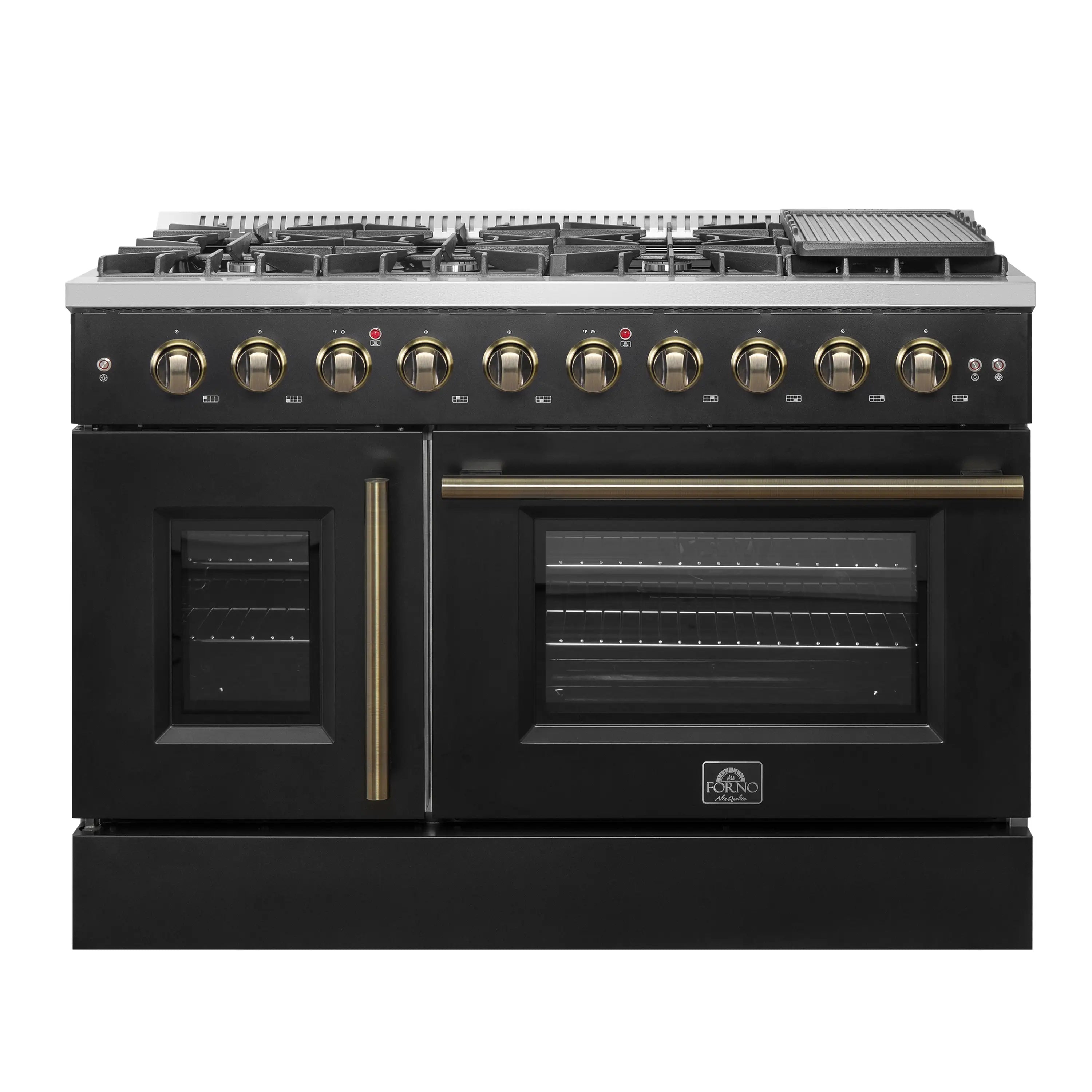 Black gas range with French doors, convection oven racks, and antique brass vertical handles