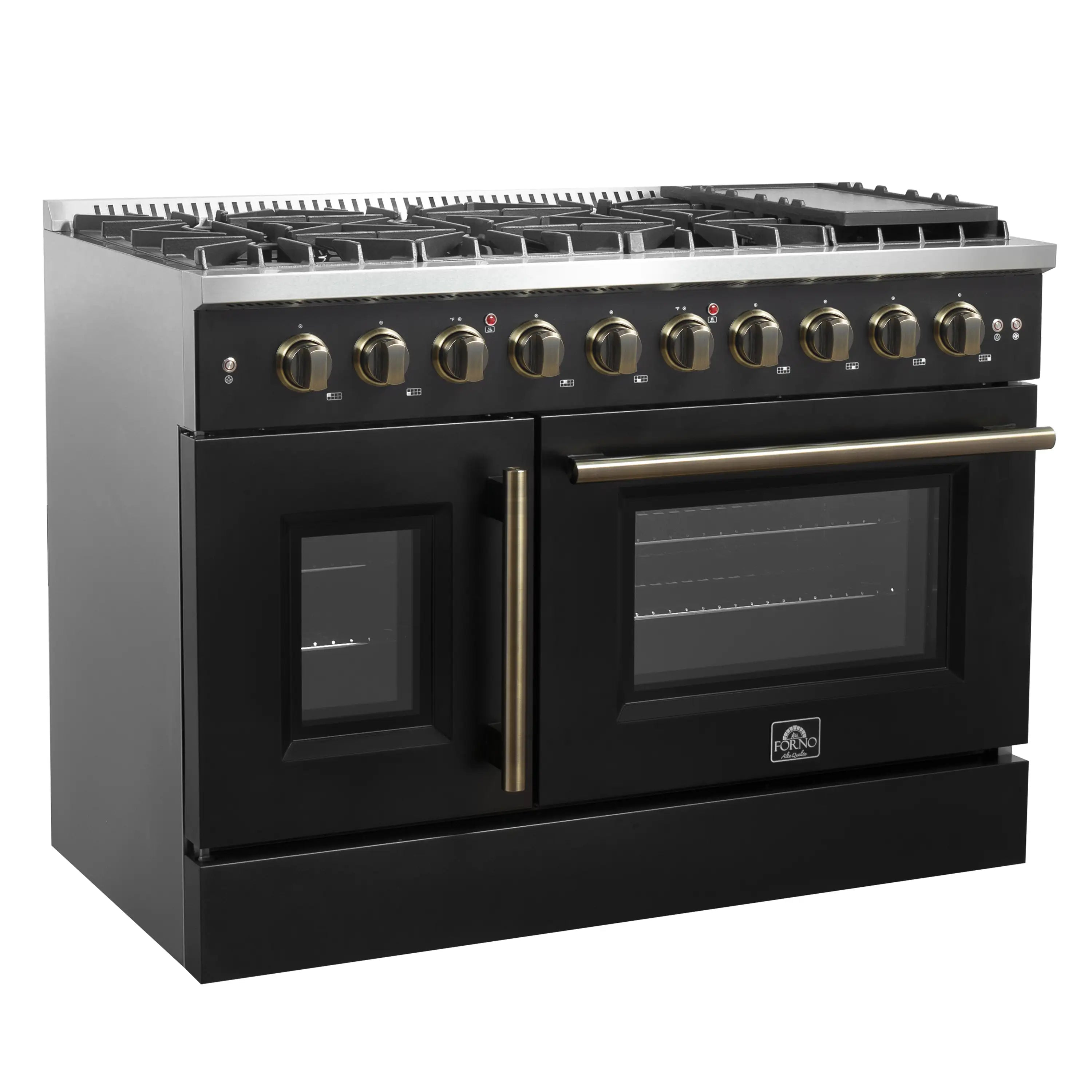 Black 48-inch gas range with brass handle, oven window, and burner knobs