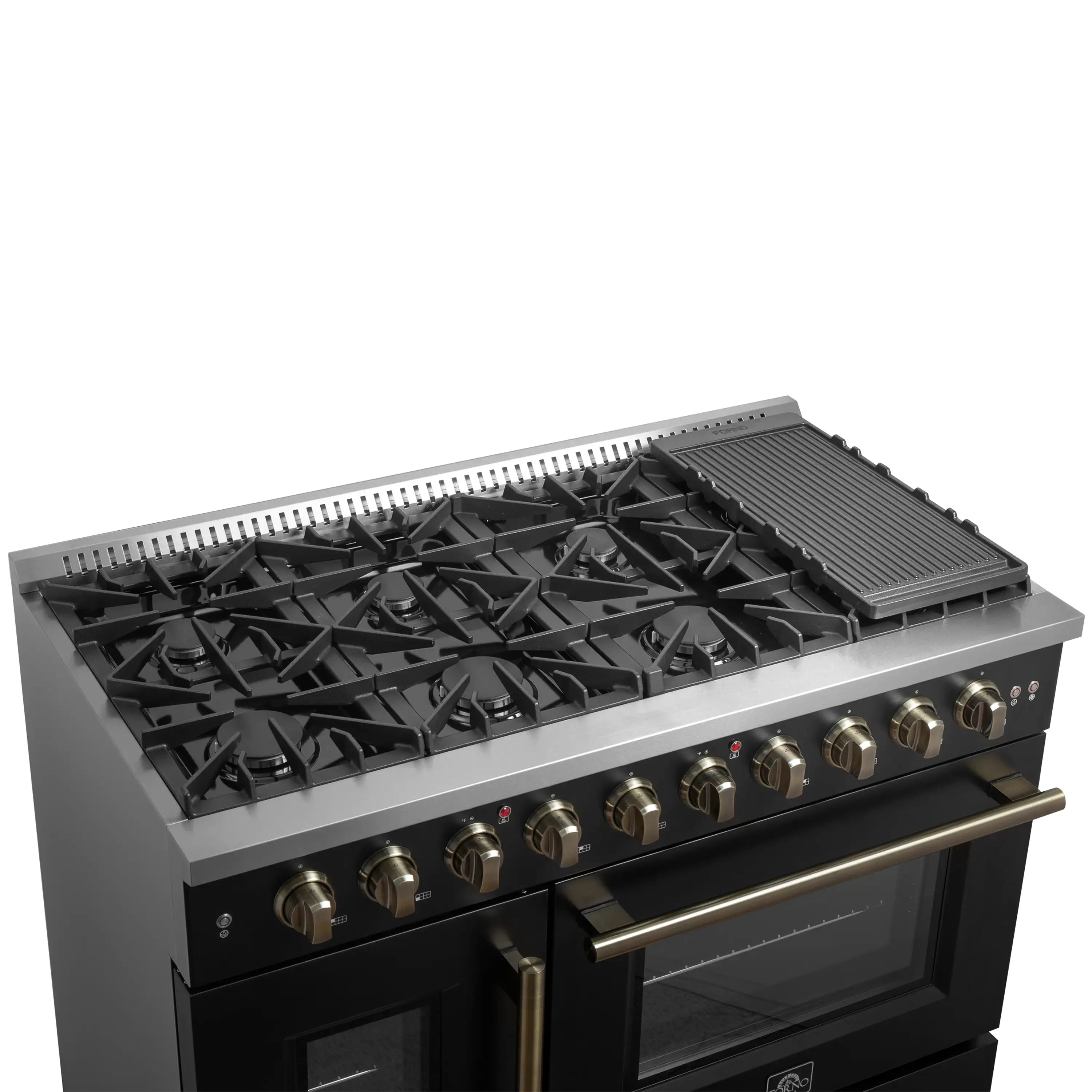 Black gas cooktop with burners, griddle plate, and brass-finished control knobs