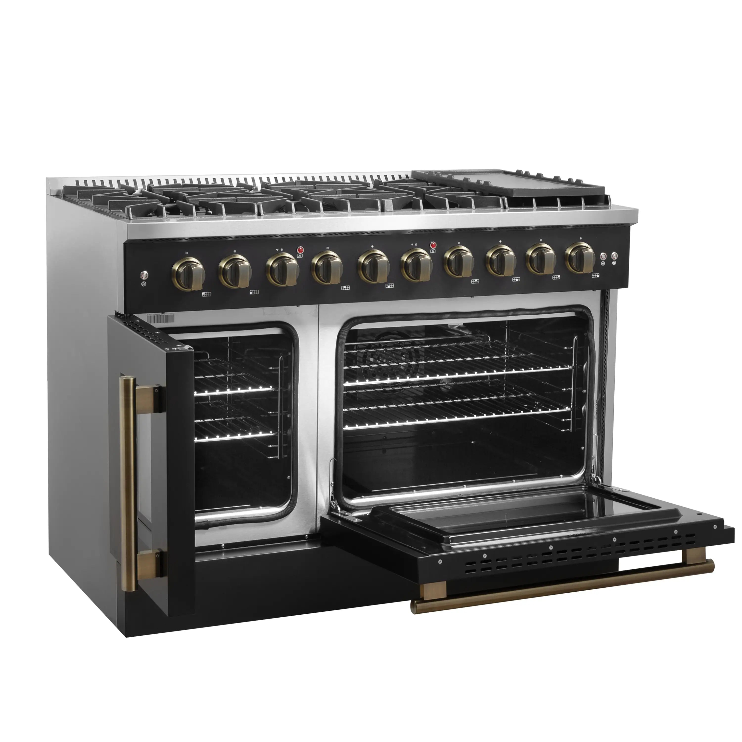 Black French door gas range with two open ovens, convection racks and antique brass trim