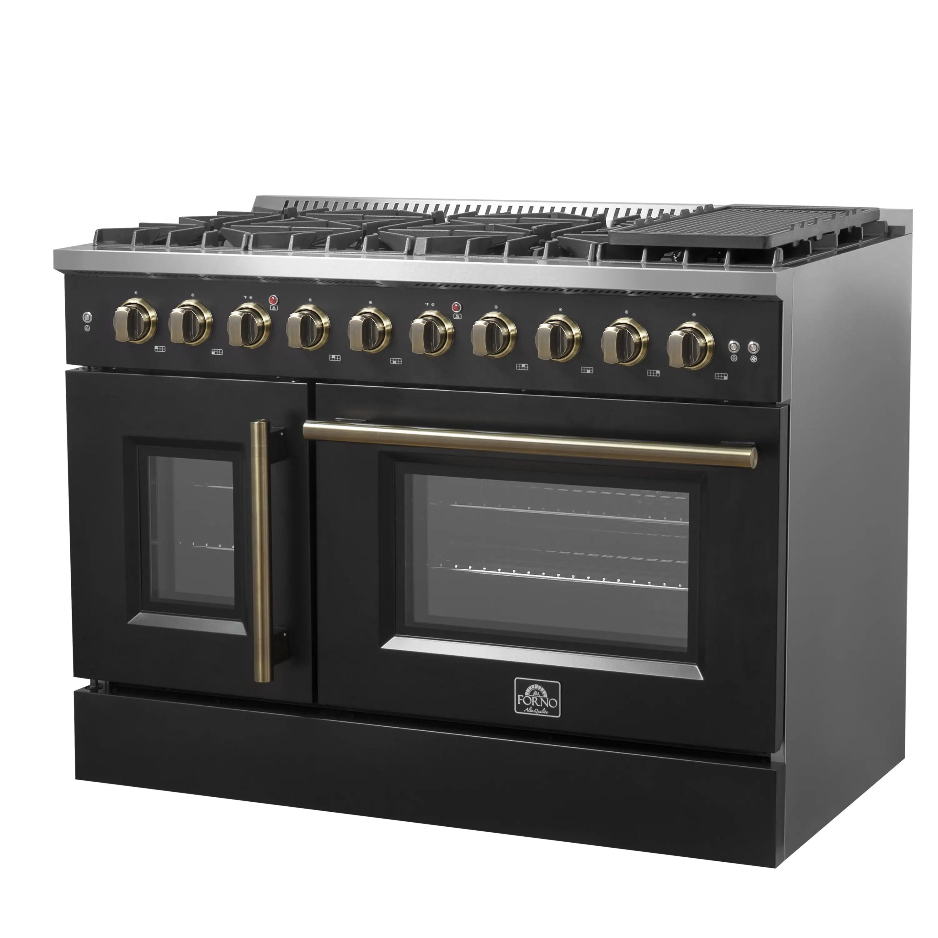 Black gas range with brass-trimmed oven doors and row of burner knobs