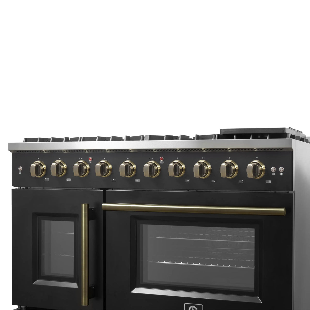 Black gas range with brass-trimmed knobs and convection oven door windows