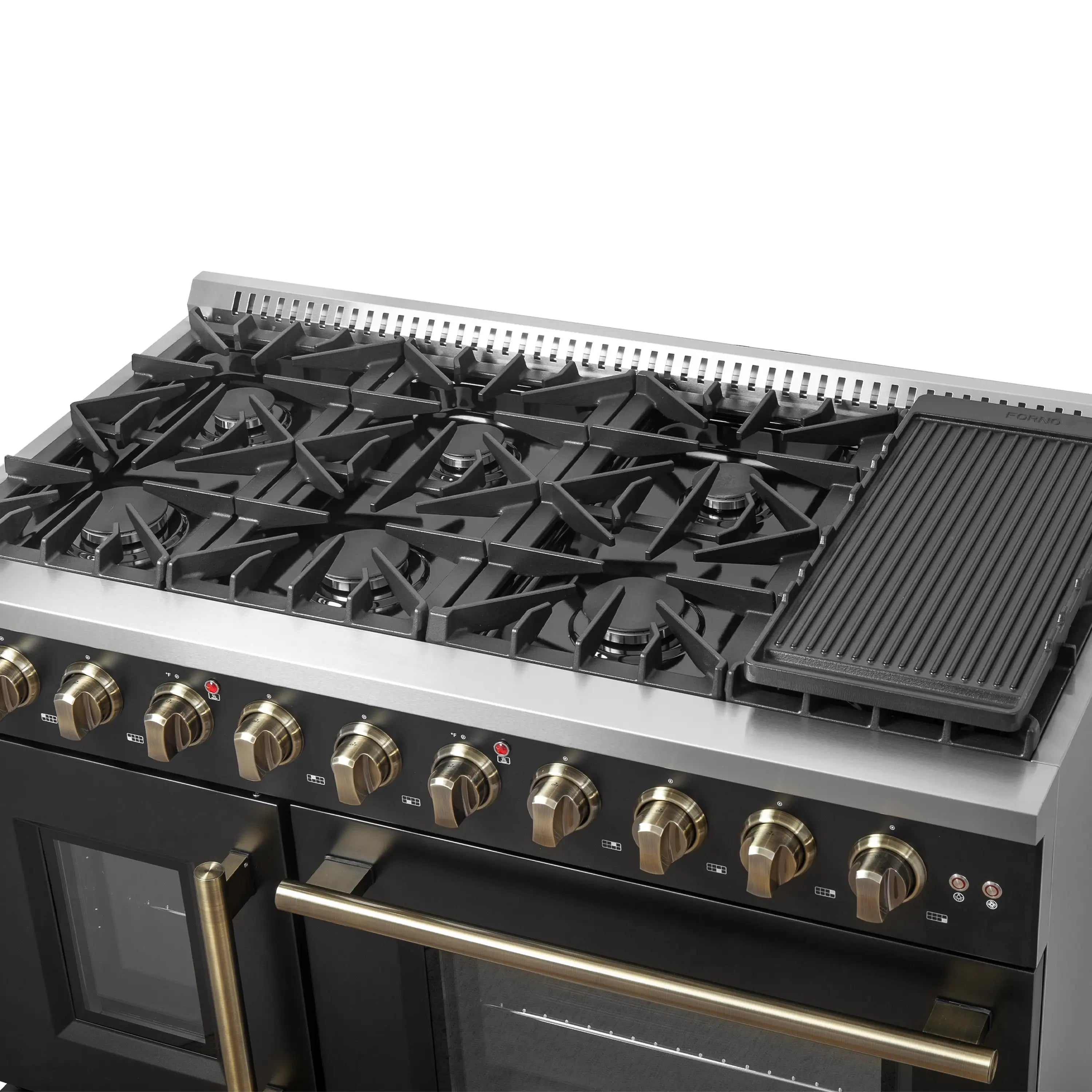 Black gas cooktop with eight burners and raised griddle accessory