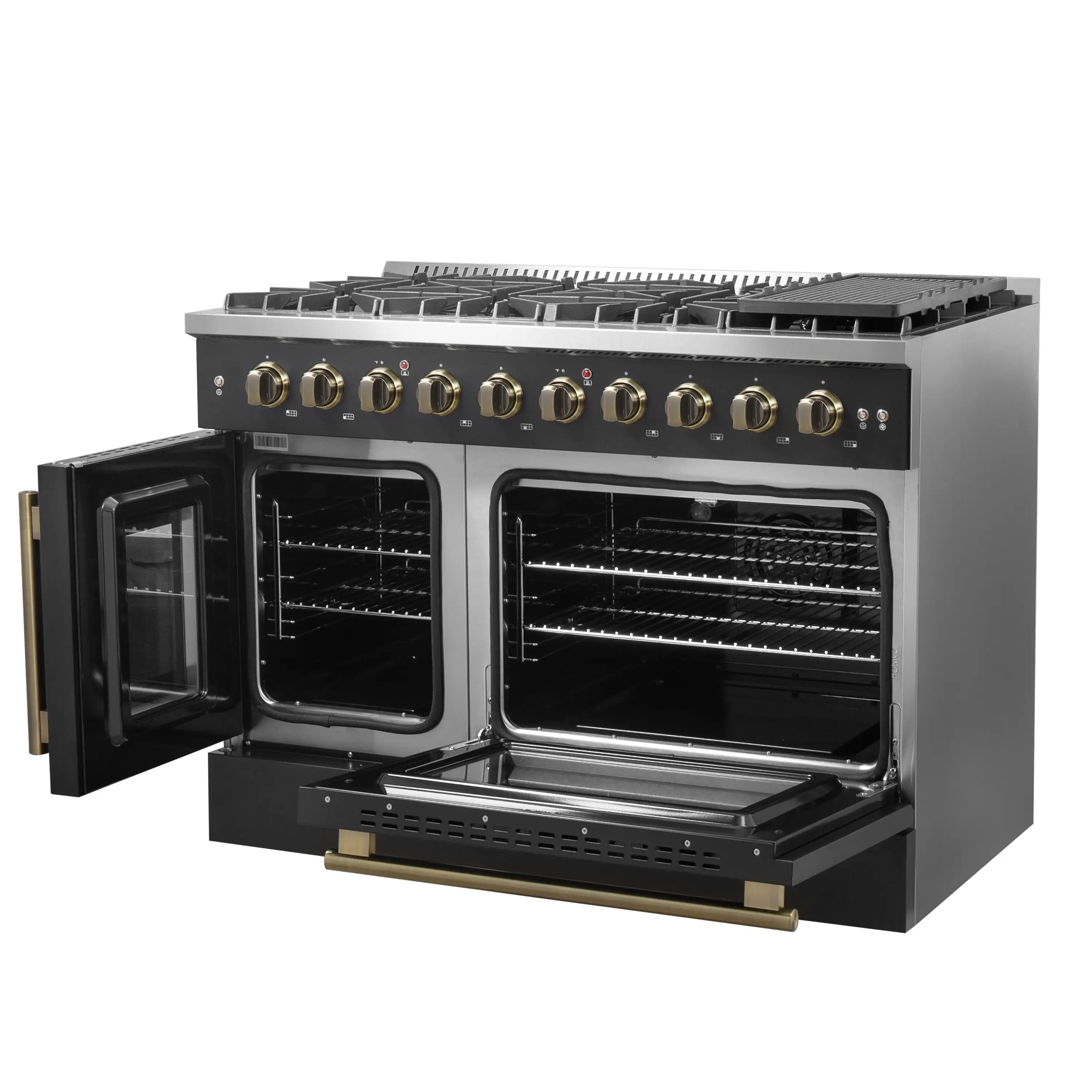 Black French door gas range with open convection ovens and antique brass trim, racks visible