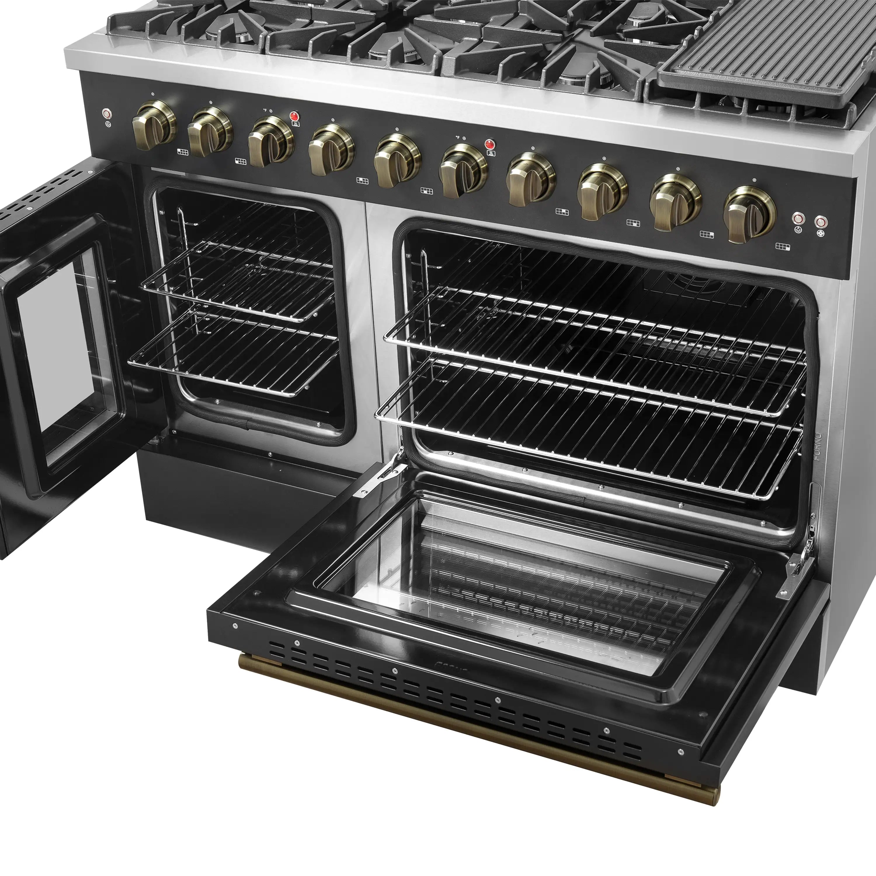 Open convection oven with two wire racks and brass handle on black interior