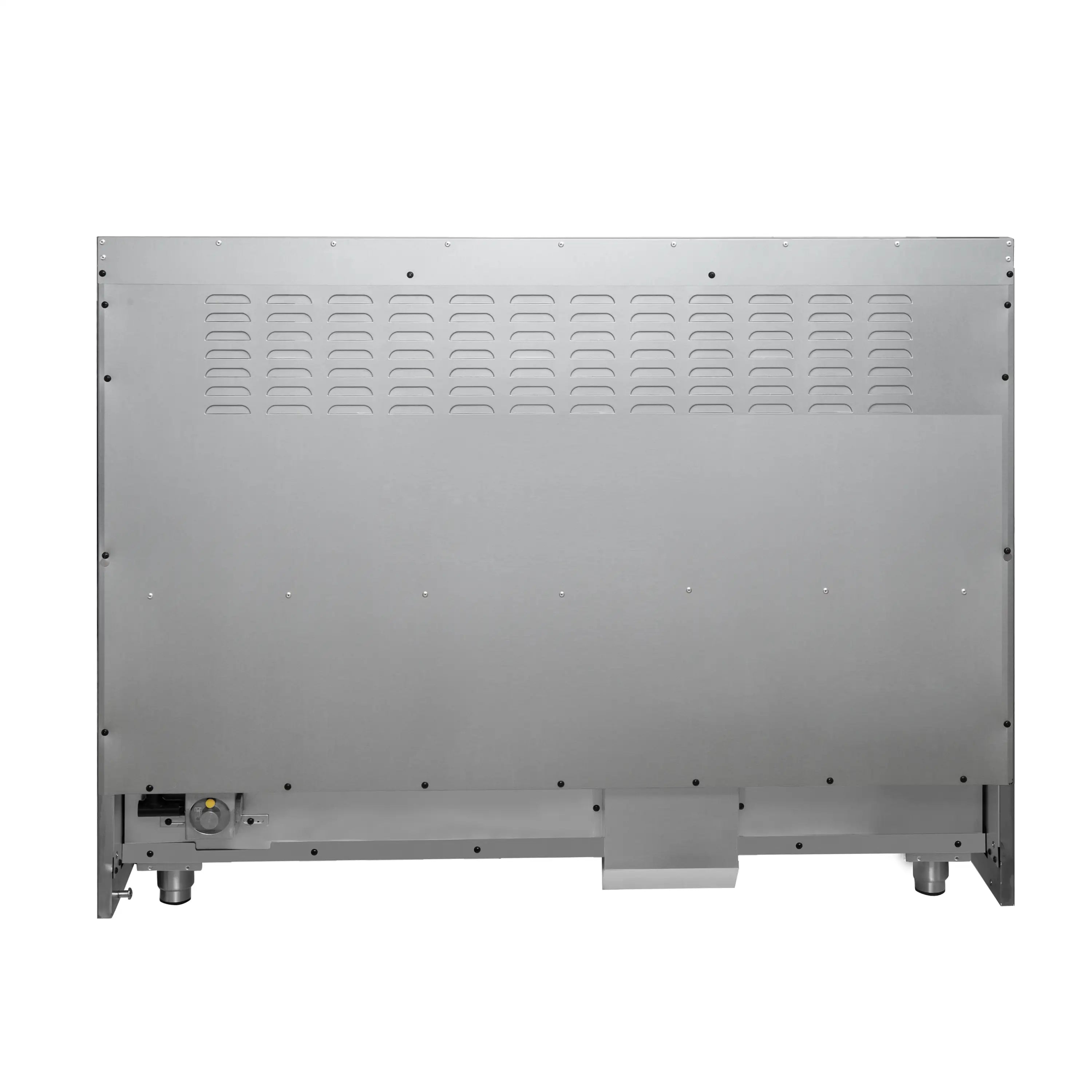 Back panel of a white gas range with ventilation grille and leveling feet