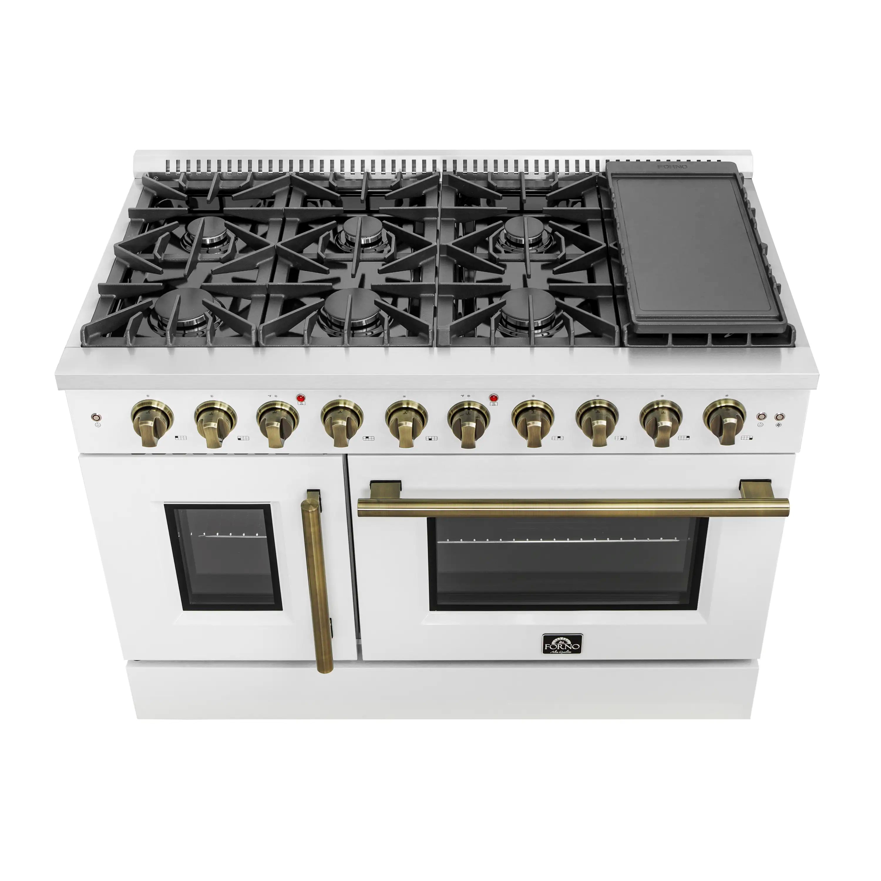 White gas range with 8 burners, front panel and dual oven doors, antique brass handle