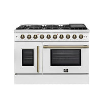 Forno Galiano 48-Inch French Door Gas Range with 8 Burners and 6.58 Cu. Ft. Convection Oven in White with Antique Brass Trim (FFSGS6444-48WHT)
