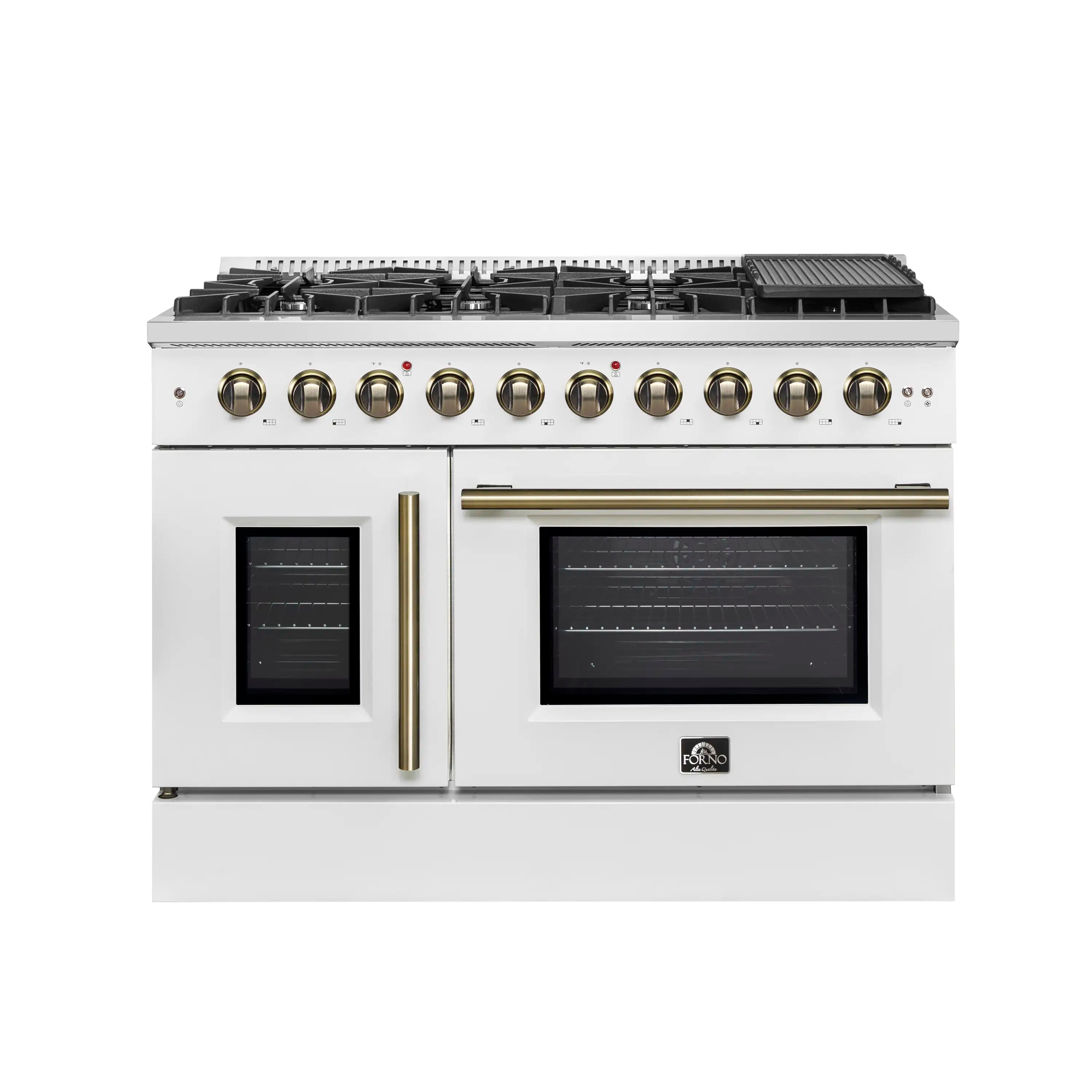 White gas range with French doors, antique brass handles, convection oven doors closed