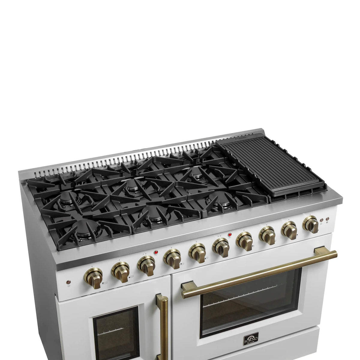 White gas range with cooktop grates, griddle, and brass control knobs