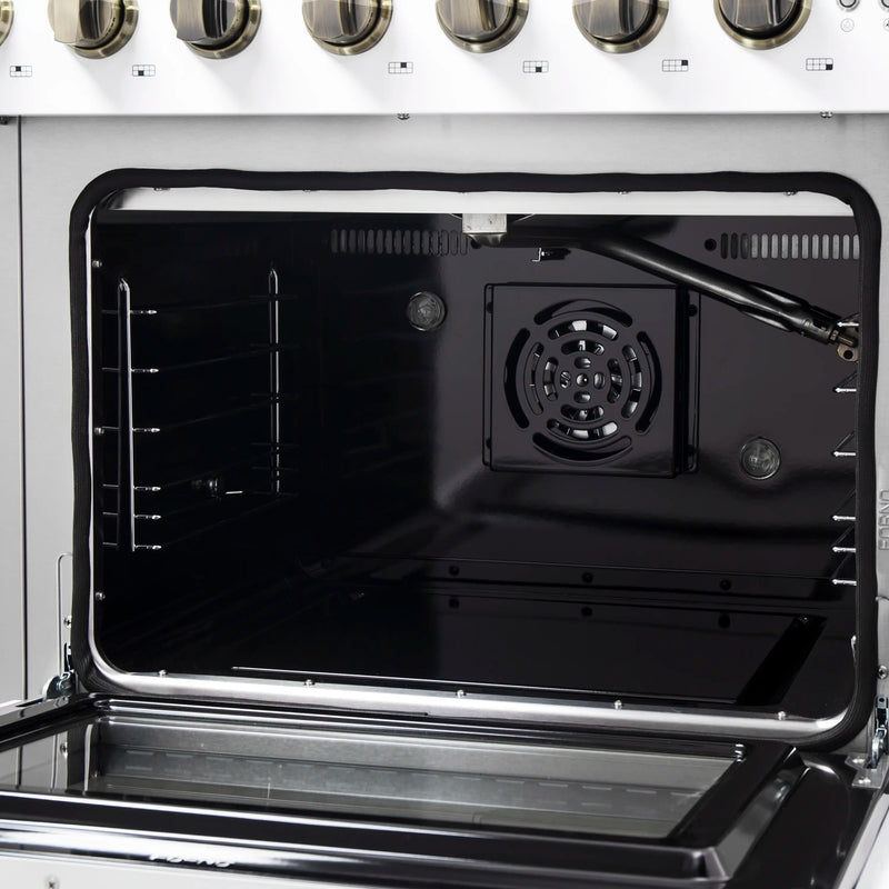 Forno Galiano 48-Inch French Door Gas Range with 8 Burners and 6.58 Cu. Ft. Convection Oven in White with Antique Brass Trim (FFSGS6444-48WHT)