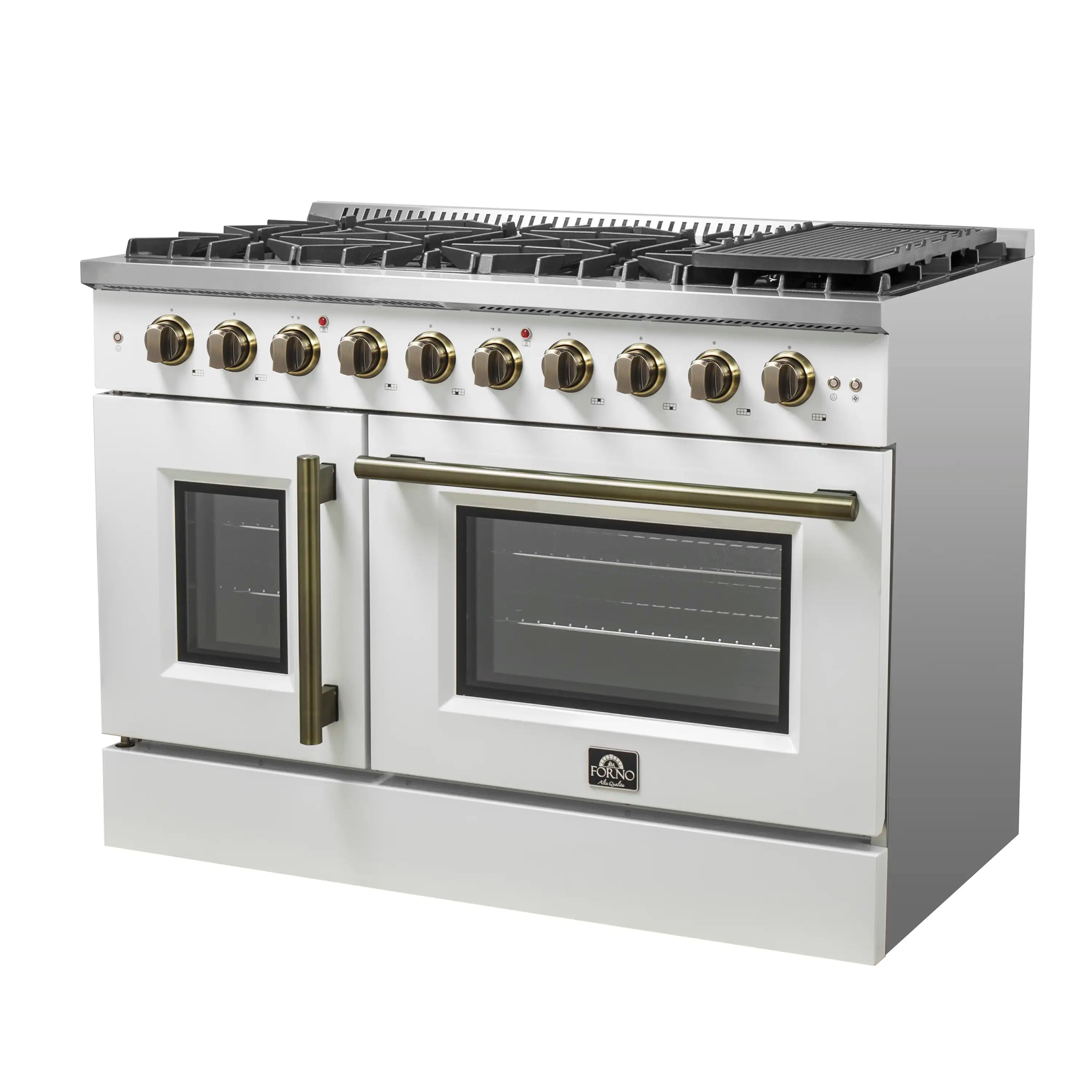 White gas range with antique brass controls, French doors, 8-burner cooktop
