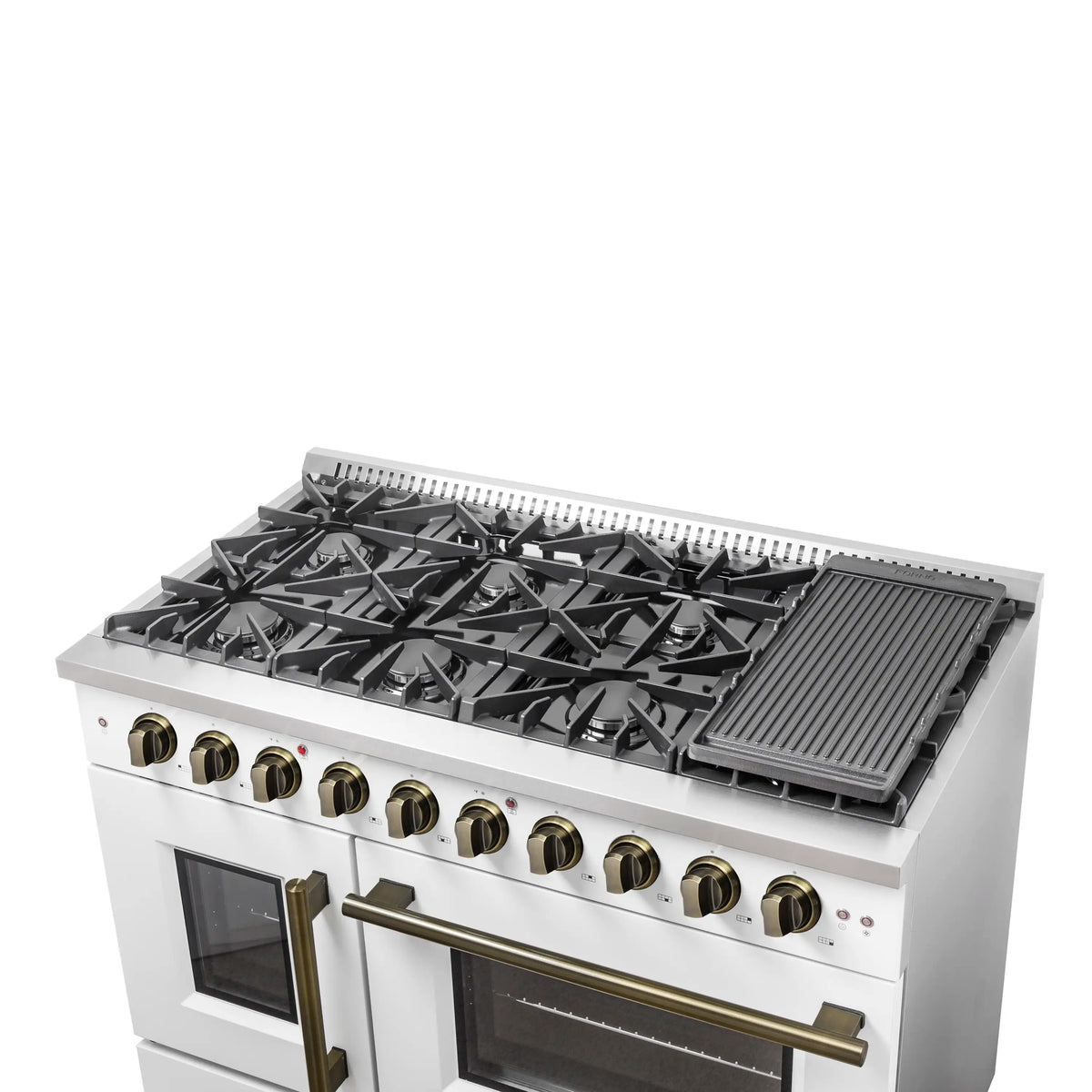 White gas range cooktop with griddle and brass control knobs