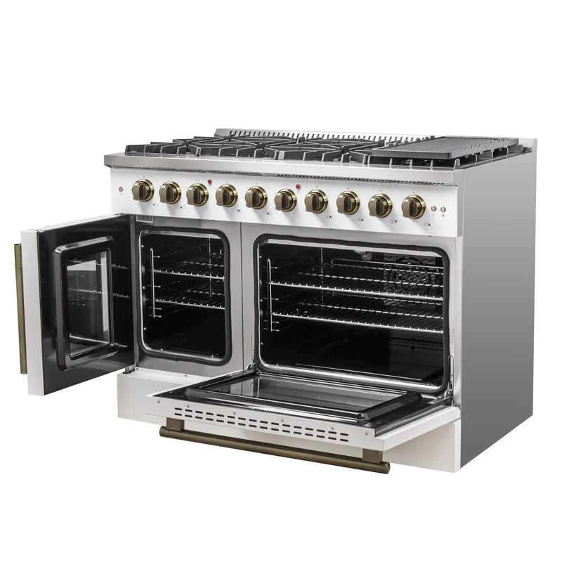 Forno Galiano 48-Inch French Door Gas Range with 8 Burners and 6.58 Cu. Ft. Convection Oven in White with Antique Brass Trim (FFSGS6444-48WHT)