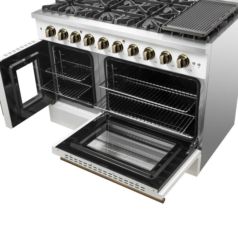 Forno Galiano 48-Inch French Door Gas Range with 8 Burners and 6.58 Cu. Ft. Convection Oven in White with Antique Brass Trim (FFSGS6444-48WHT)