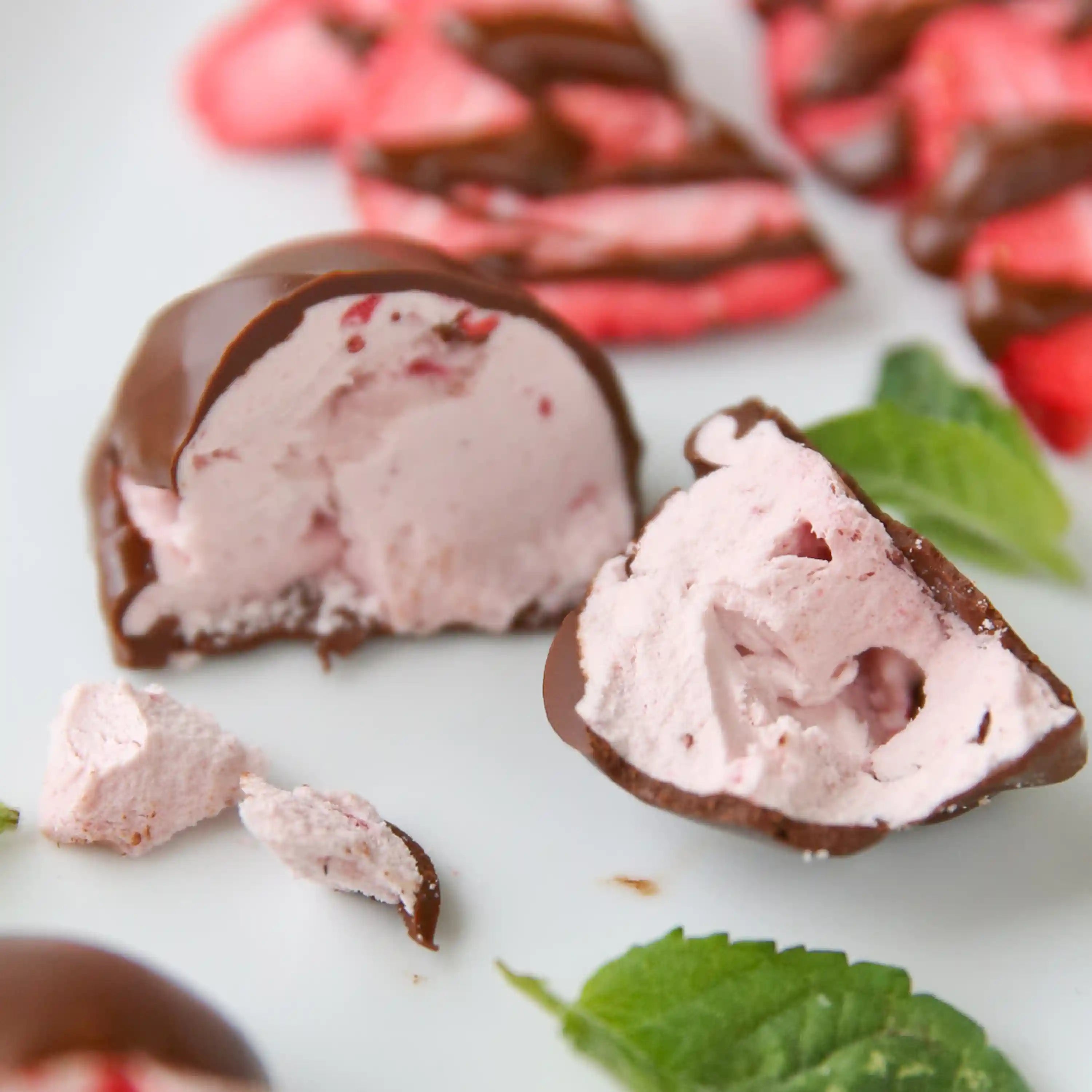 Sliced pink frozen dessert in chocolate shell, with crumbs and a green leaf.