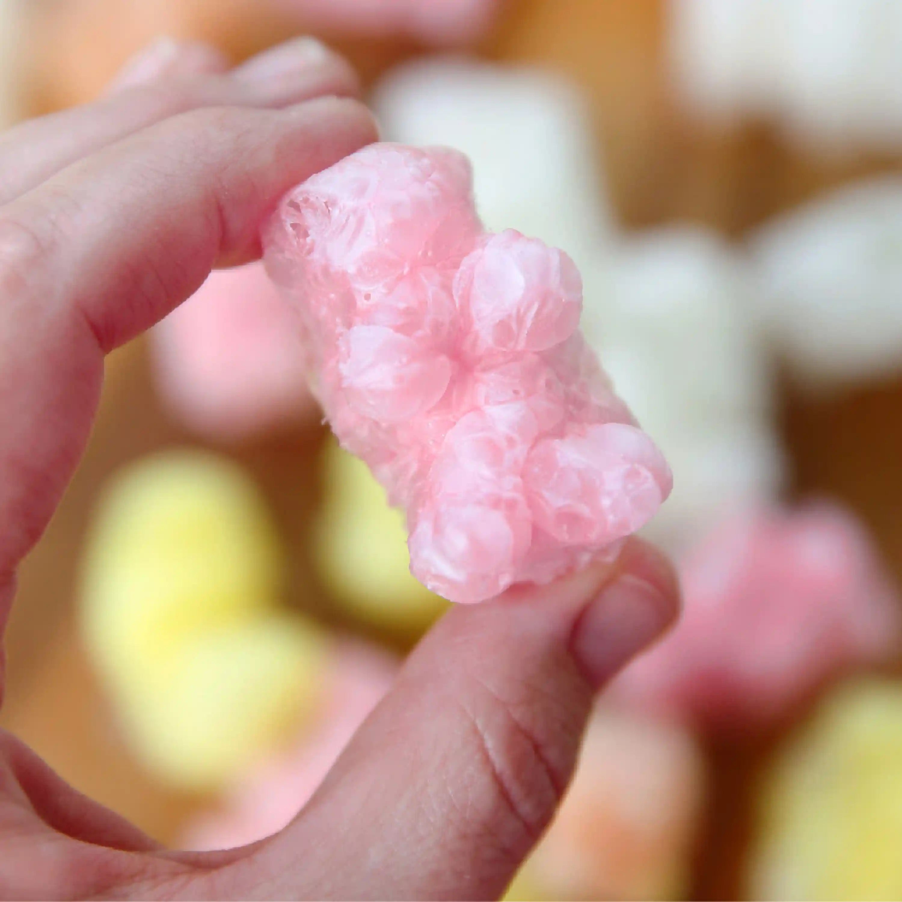 Hand holding a pink freeze-dried fruit piece with a translucent, airy texture