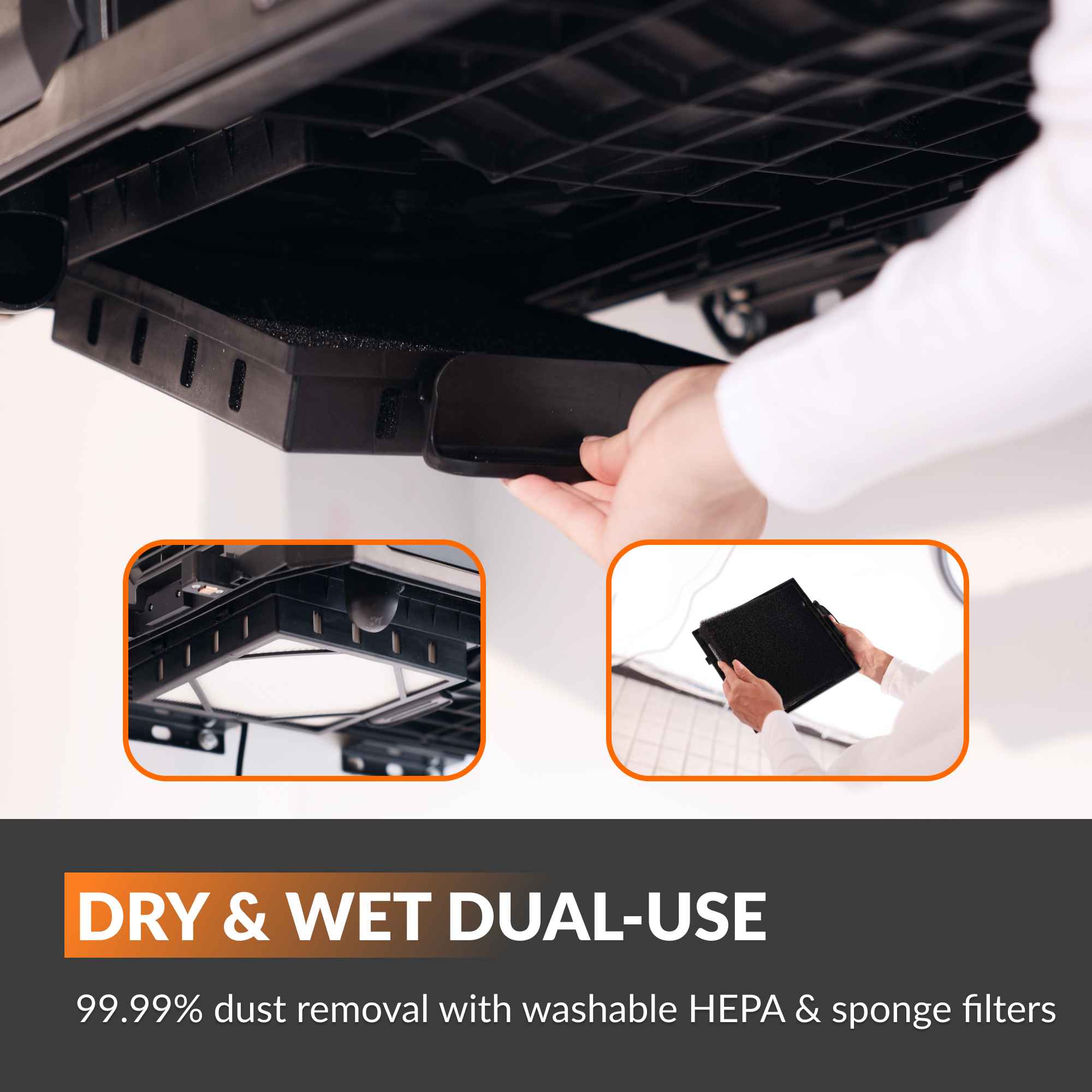 Vacuum dust bin area showing filters for dry and wet dual-use cleaning