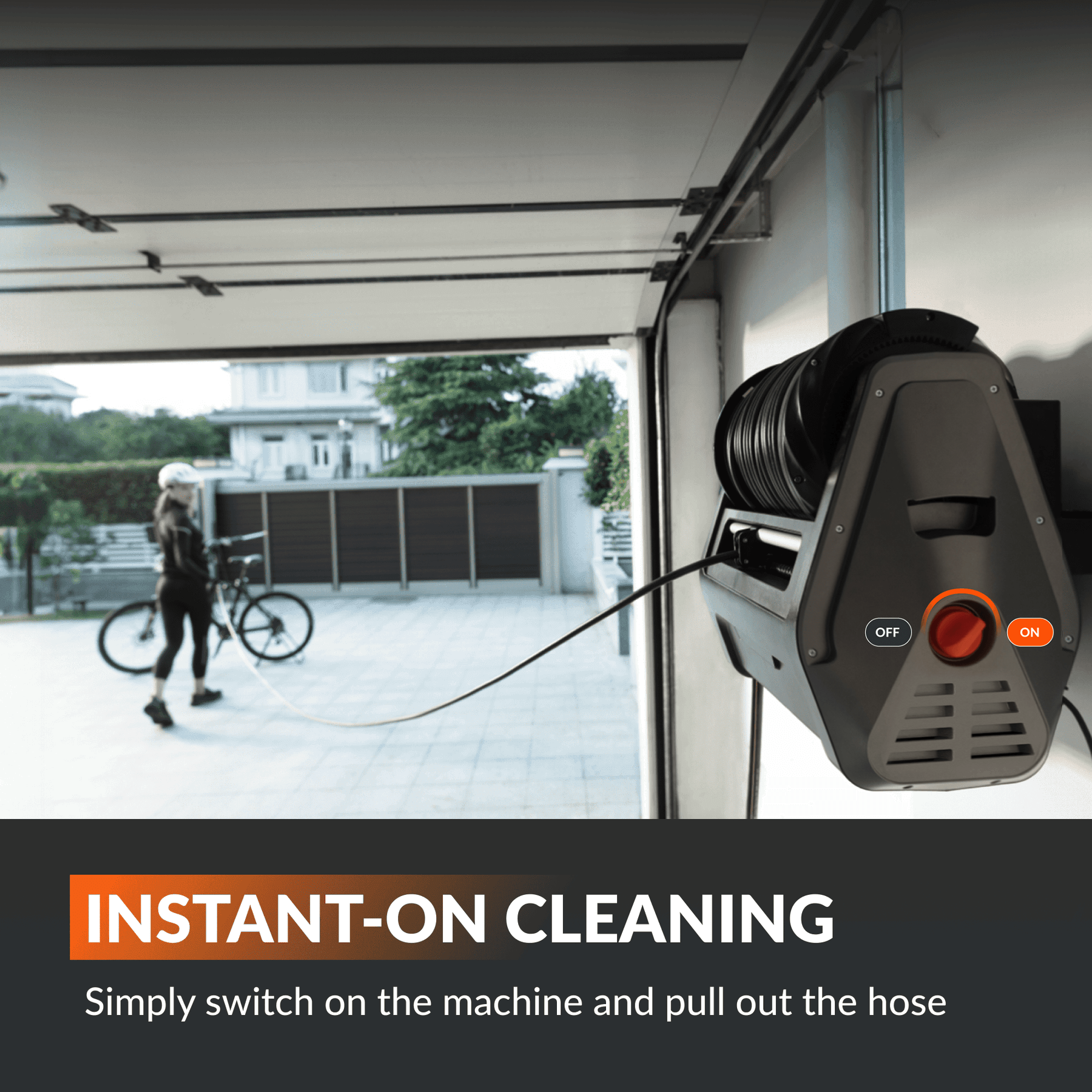 Retractable pressure washer unit with coiled hose and OFF/ON controls, wall-mounted