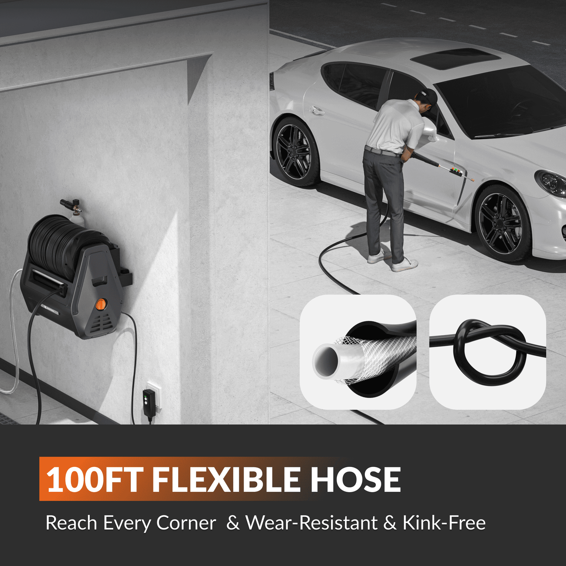 Retractable pressure washer mounted on wall with long hose spraying a surface