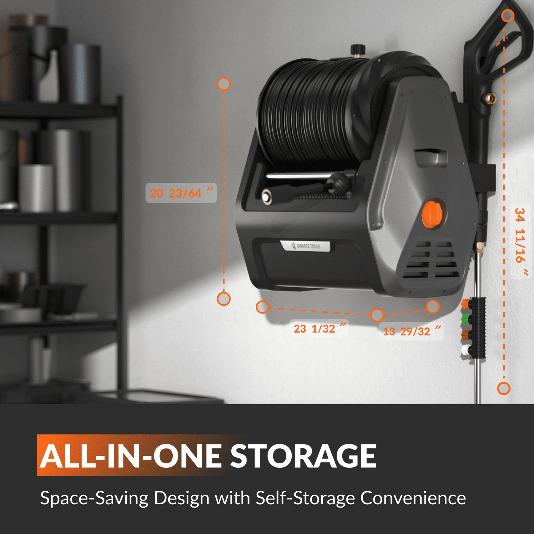 Retractable pressure washer with hose reel and wall-mount storage bracket