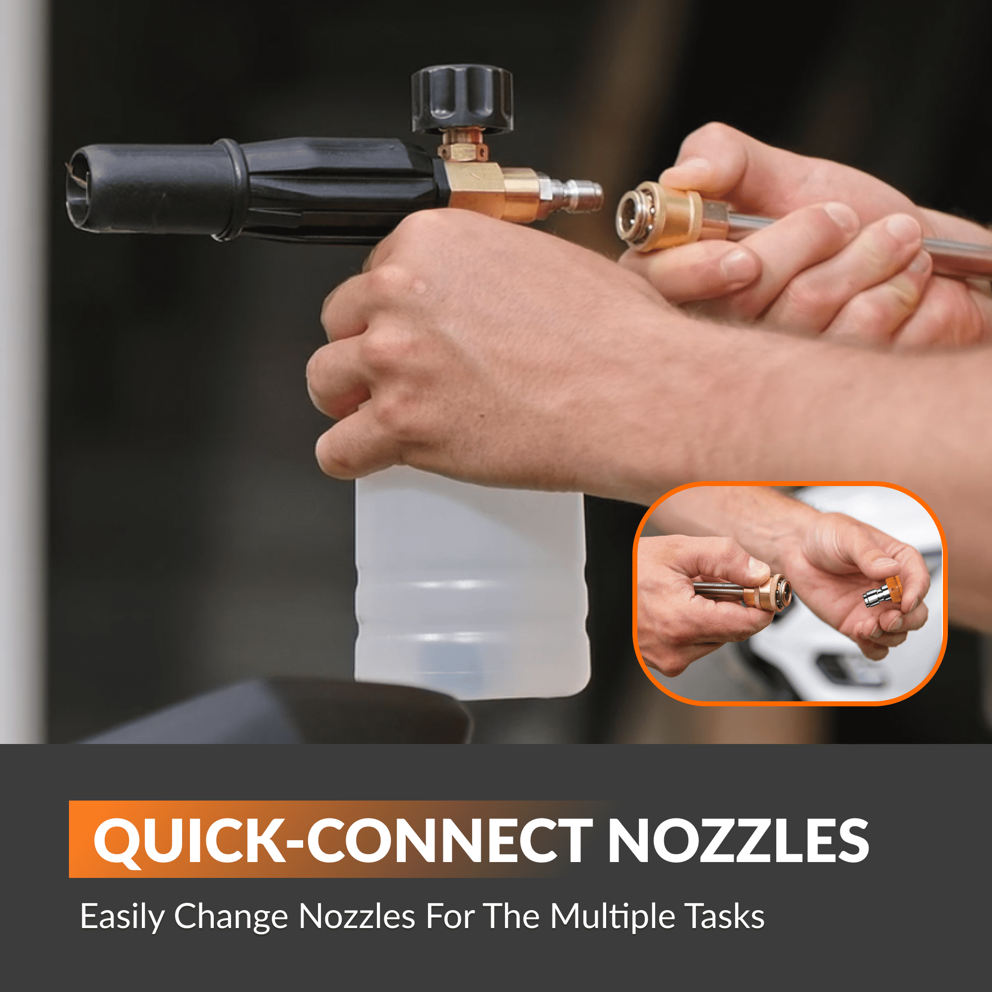 Hand connecting quick-connect nozzle to a pressure washer wand and fittings